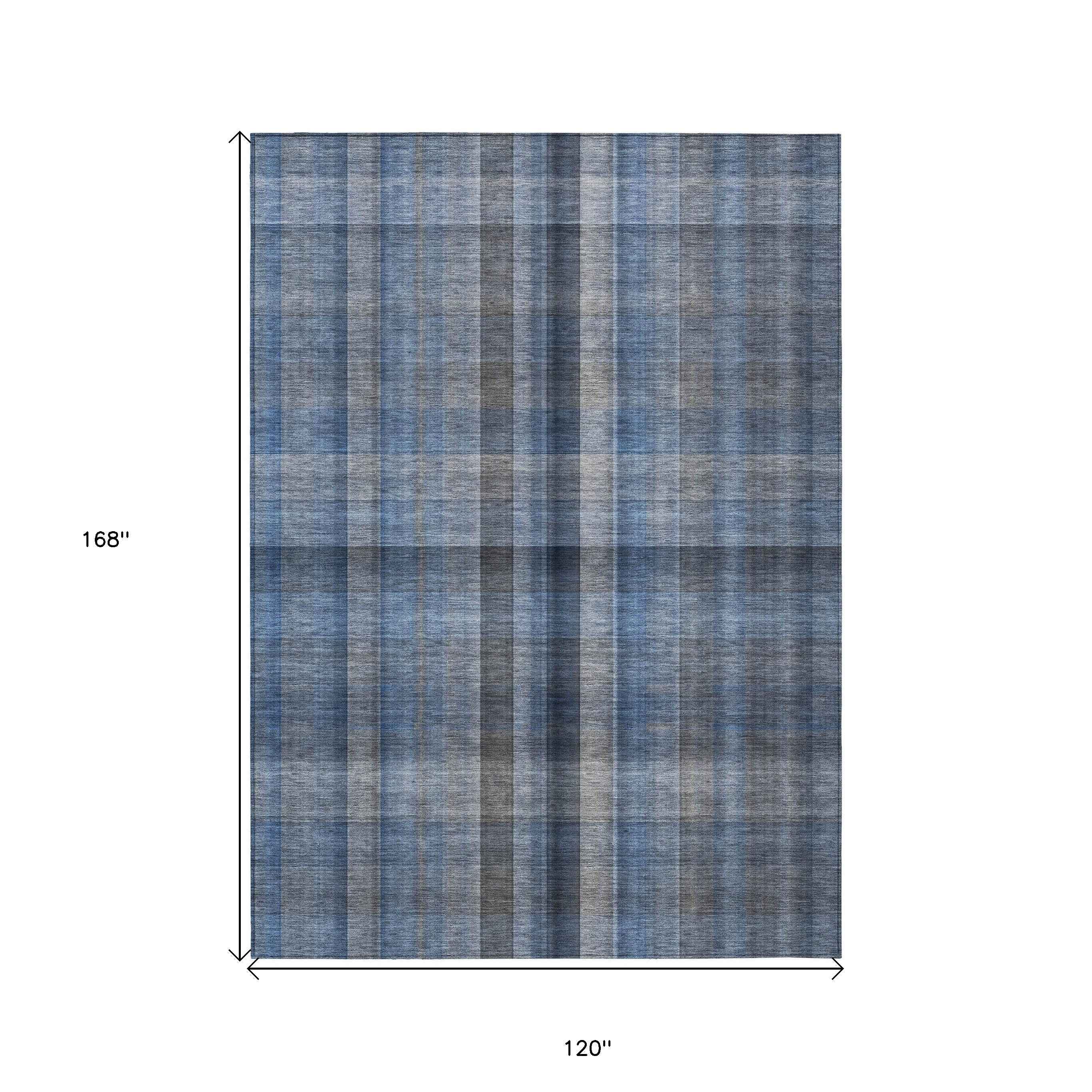 10' X 14' Blue Plaid Washable Non Skid Indoor Outdoor Area Rug