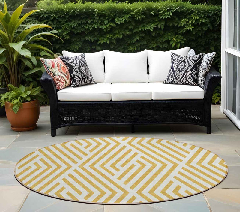 8' Round Gold and White Round Geometric Washable Non Skid Indoor Outdoor Area Rug