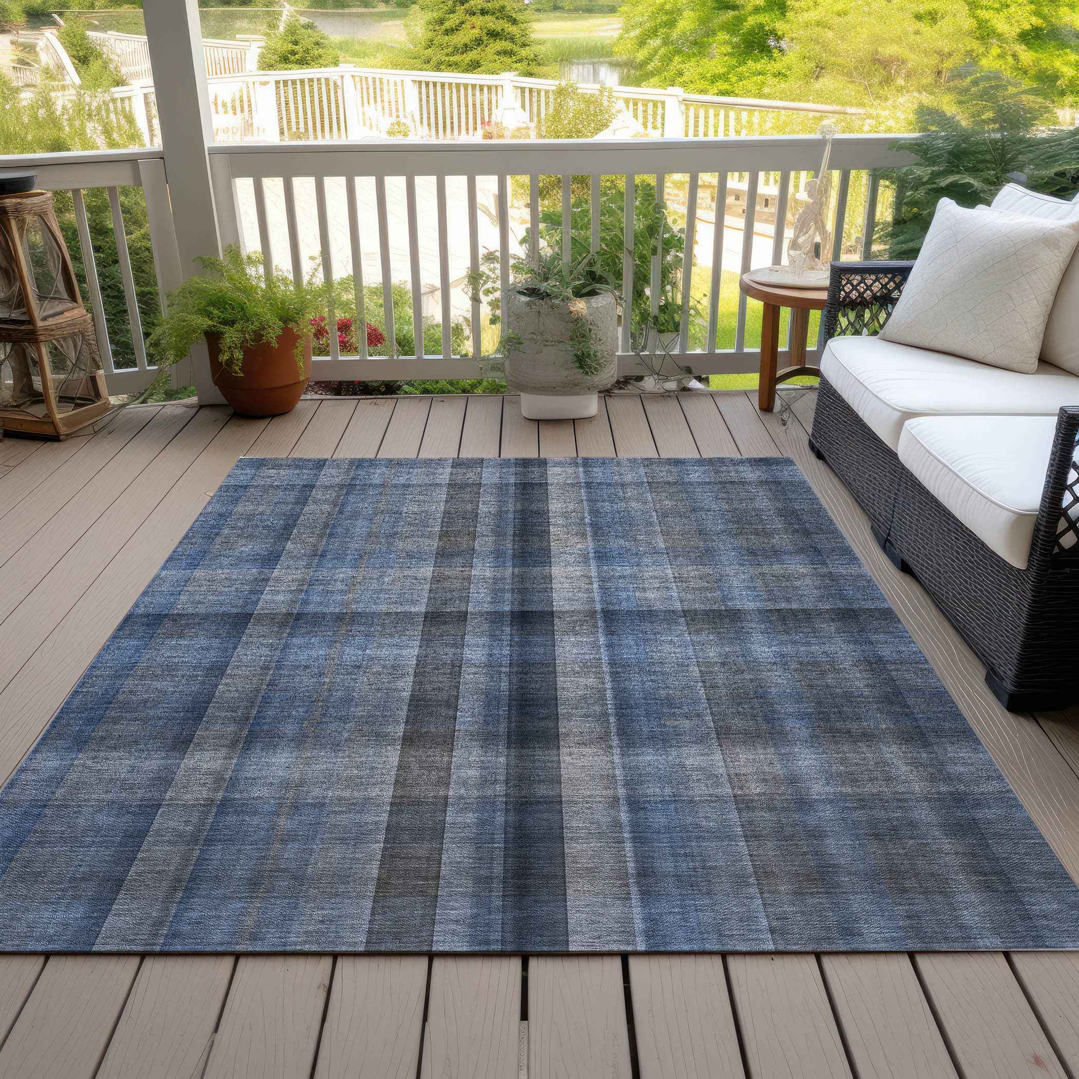 10' X 14' Blue Plaid Washable Non Skid Indoor Outdoor Area Rug