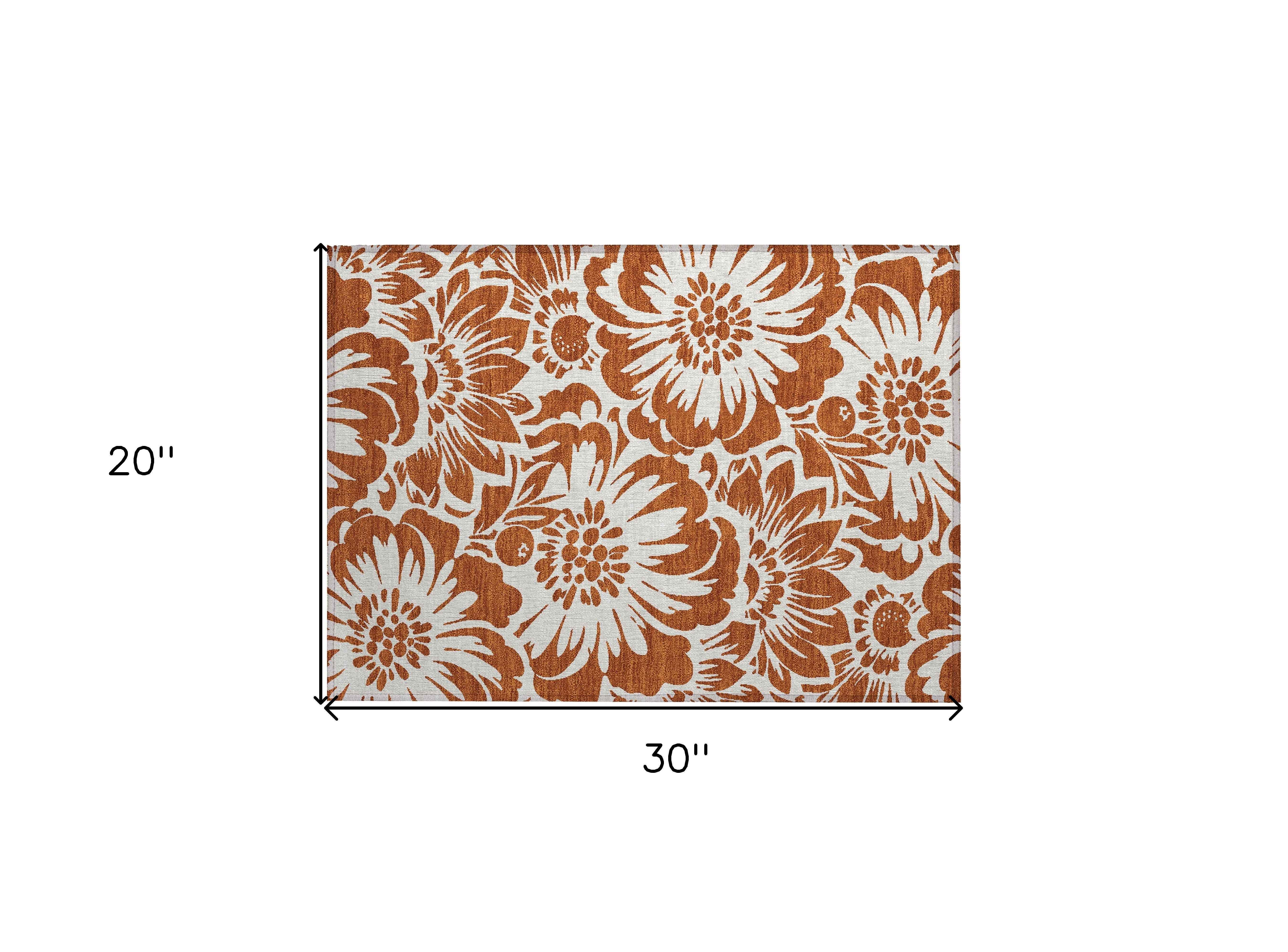 2' X 3' Rust and Ivory Floral Washable Non Skid Indoor Outdoor Area Rug