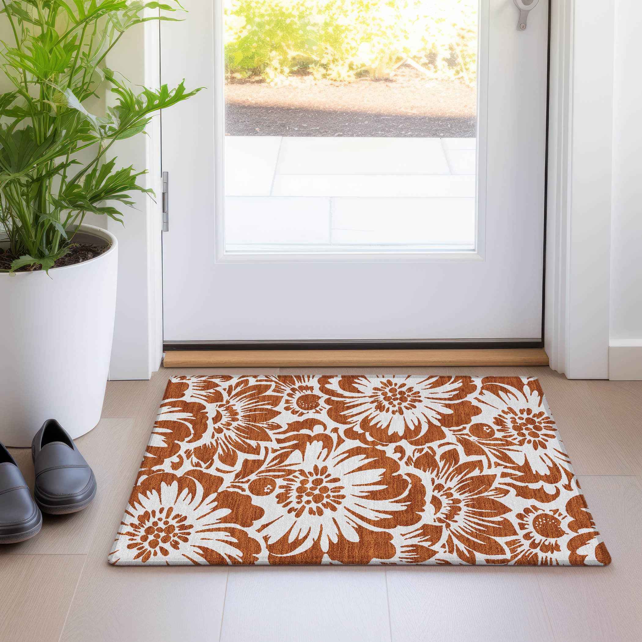 2' X 3' Rust and Ivory Floral Washable Non Skid Indoor Outdoor Area Rug