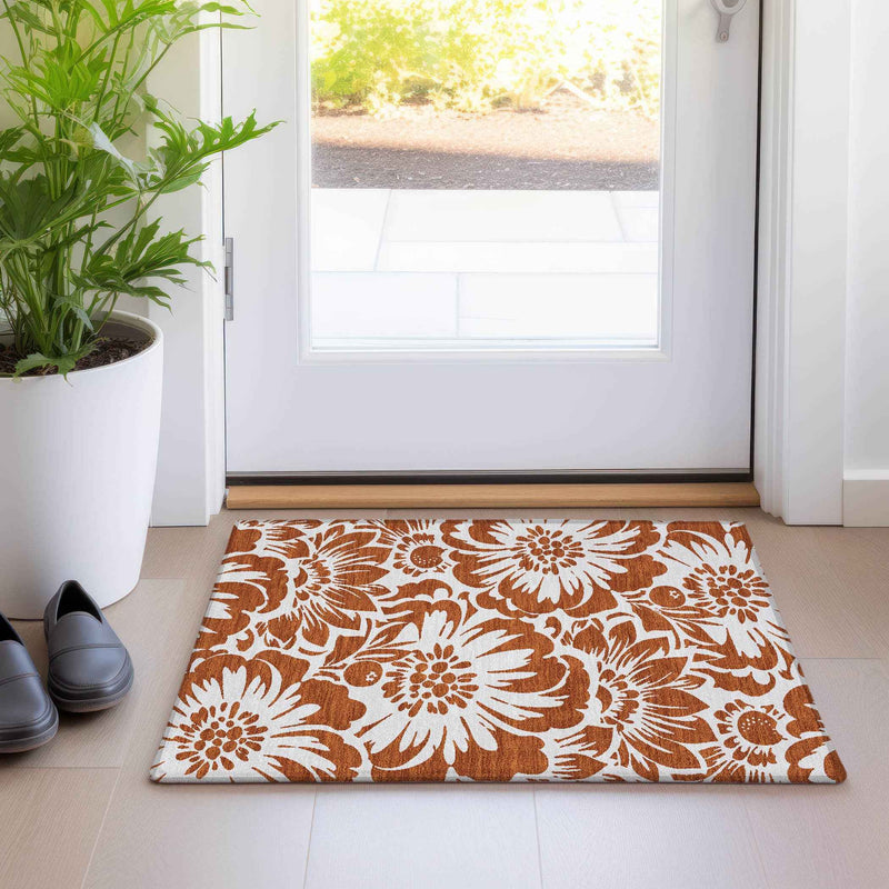 2' X 3' Rust and Ivory Floral Washable Non Skid Indoor Outdoor Area Rug