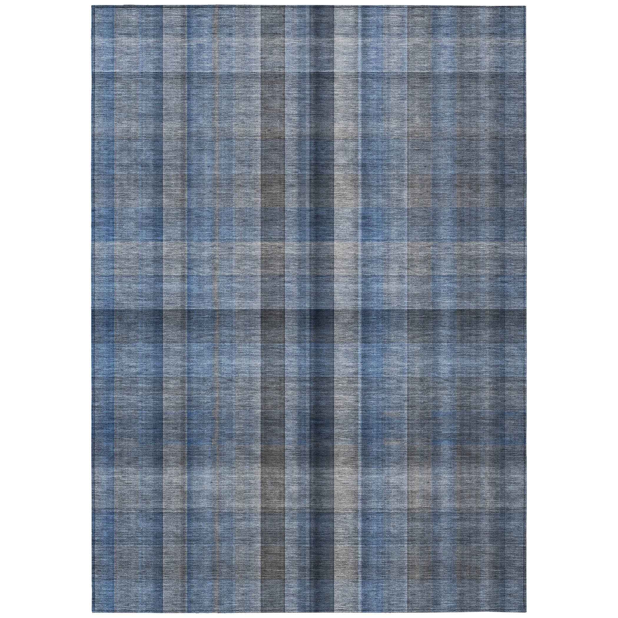 10' X 14' Blue Plaid Washable Non Skid Indoor Outdoor Area Rug
