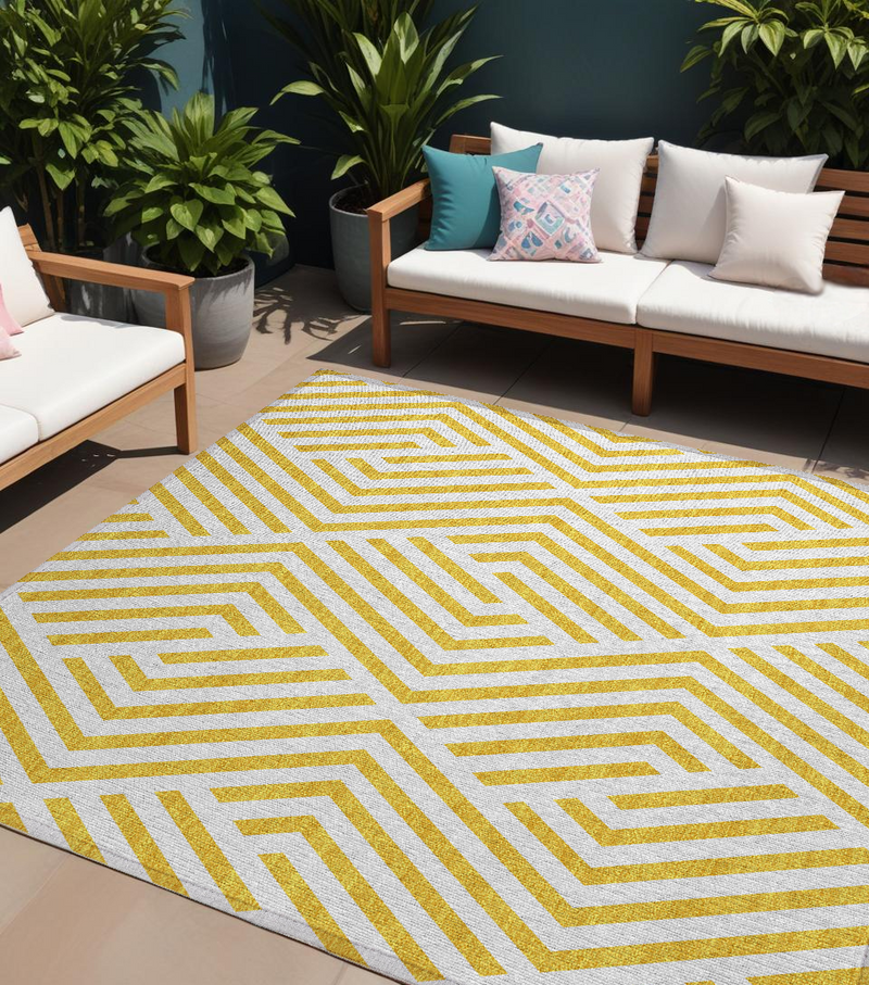 9' X 12' Gold And White Geometric Washable Indoor Outdoor Area Rug
