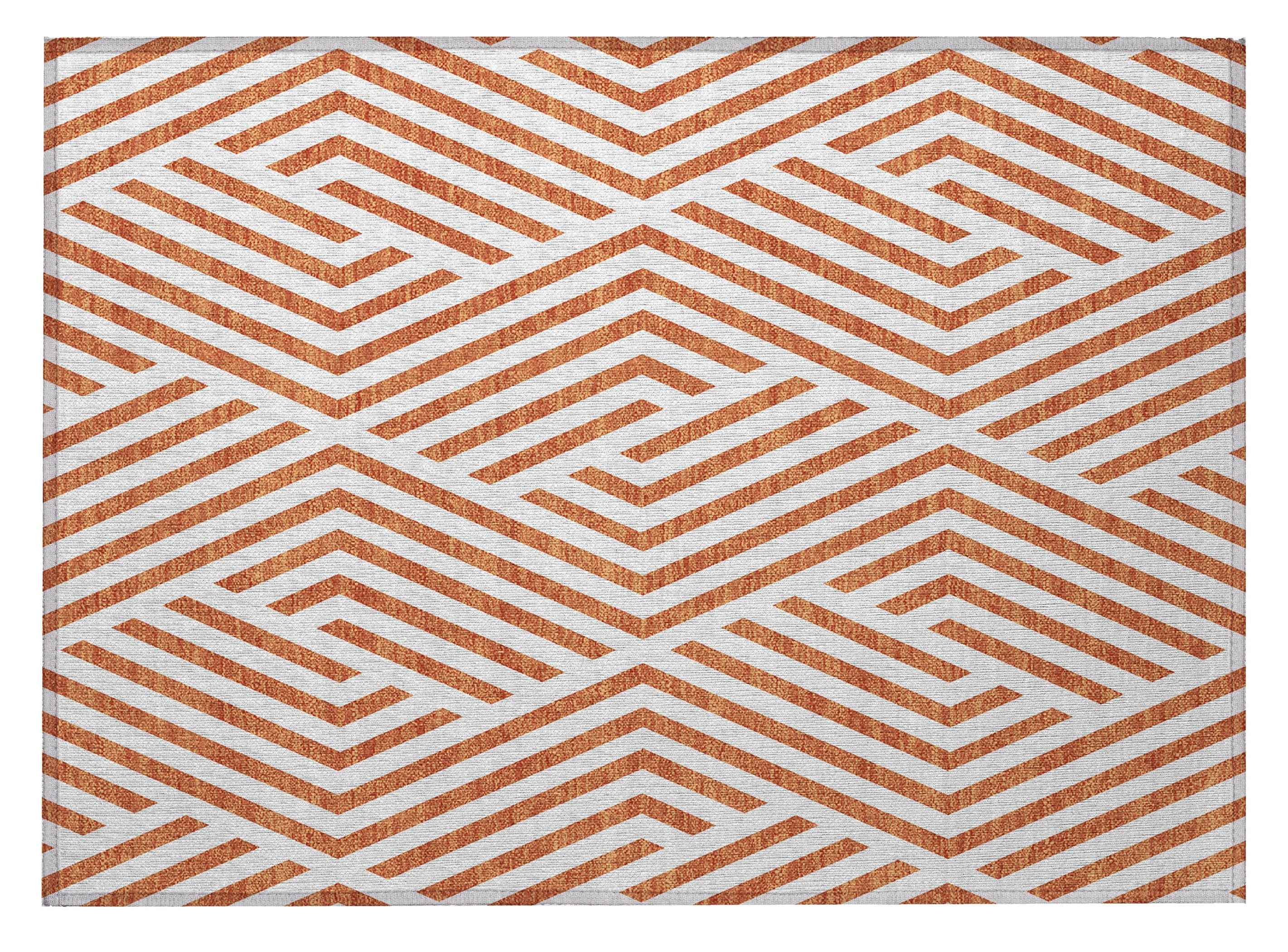 2' X 3' Orange and White Geometric Washable Non Skid Indoor Outdoor Area Rug