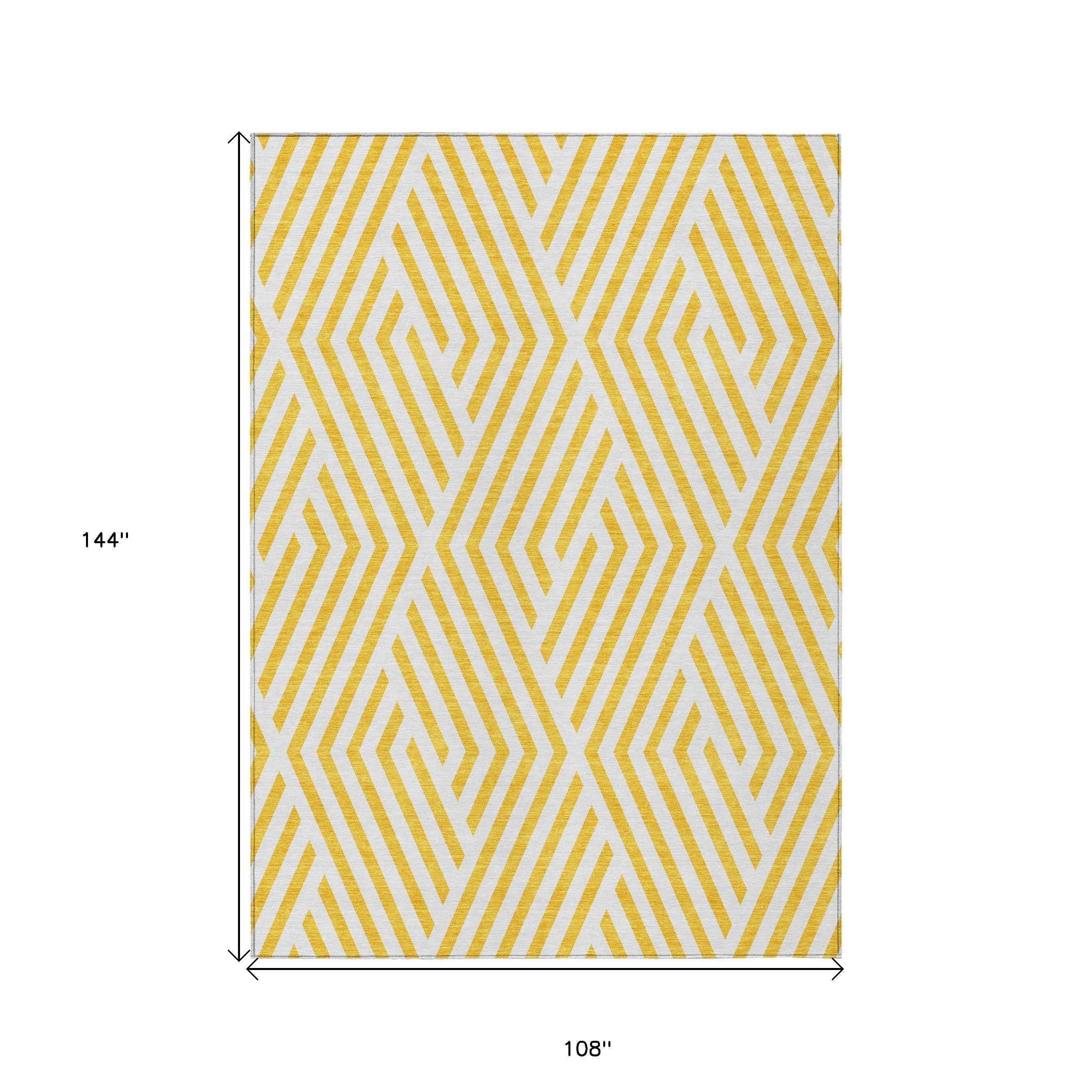 9' X 12' Gold And White Geometric Washable Indoor Outdoor Area Rug