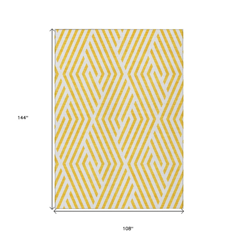 9' X 12' Gold And White Geometric Washable Indoor Outdoor Area Rug