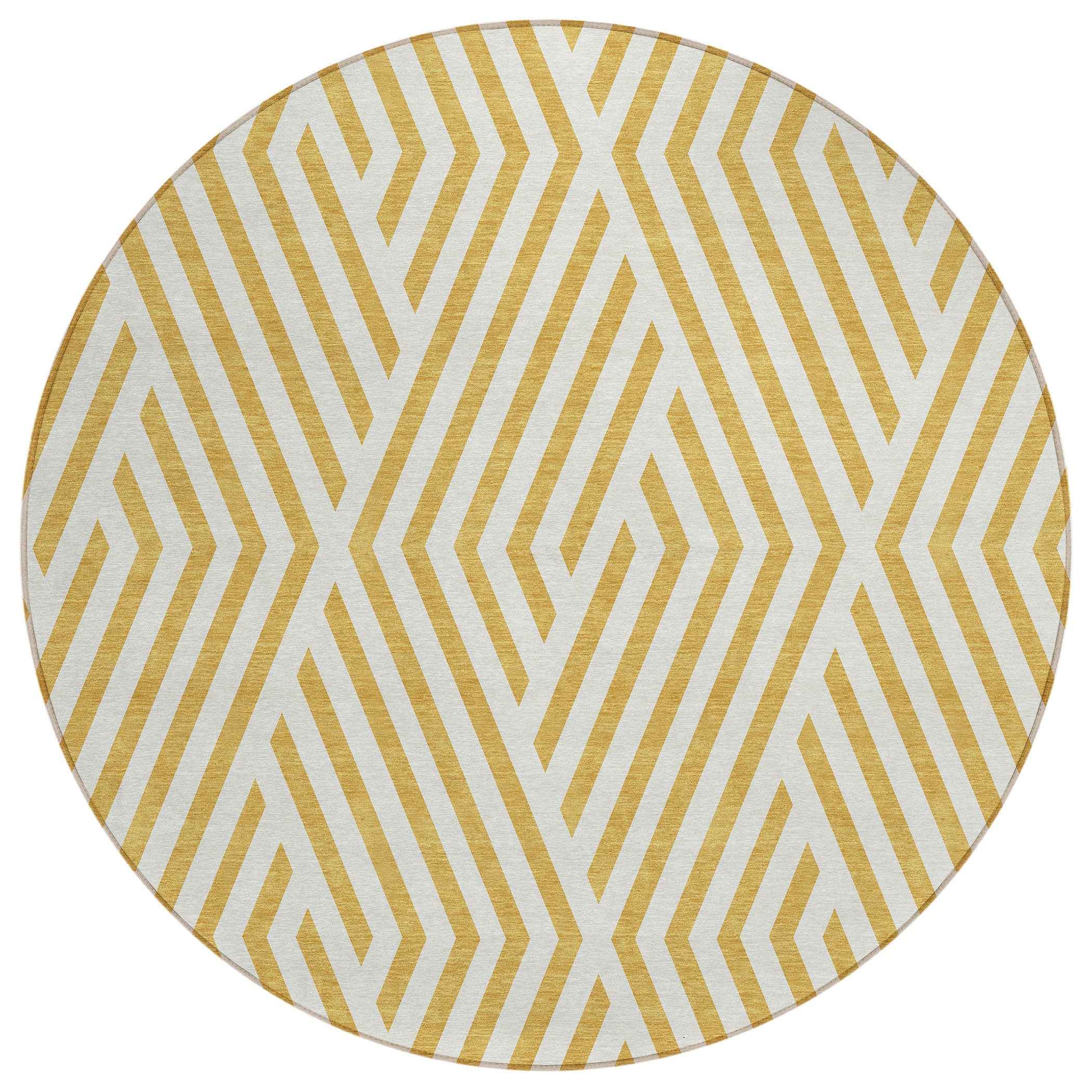 8' Round Gold and White Round Geometric Washable Non Skid Indoor Outdoor Area Rug