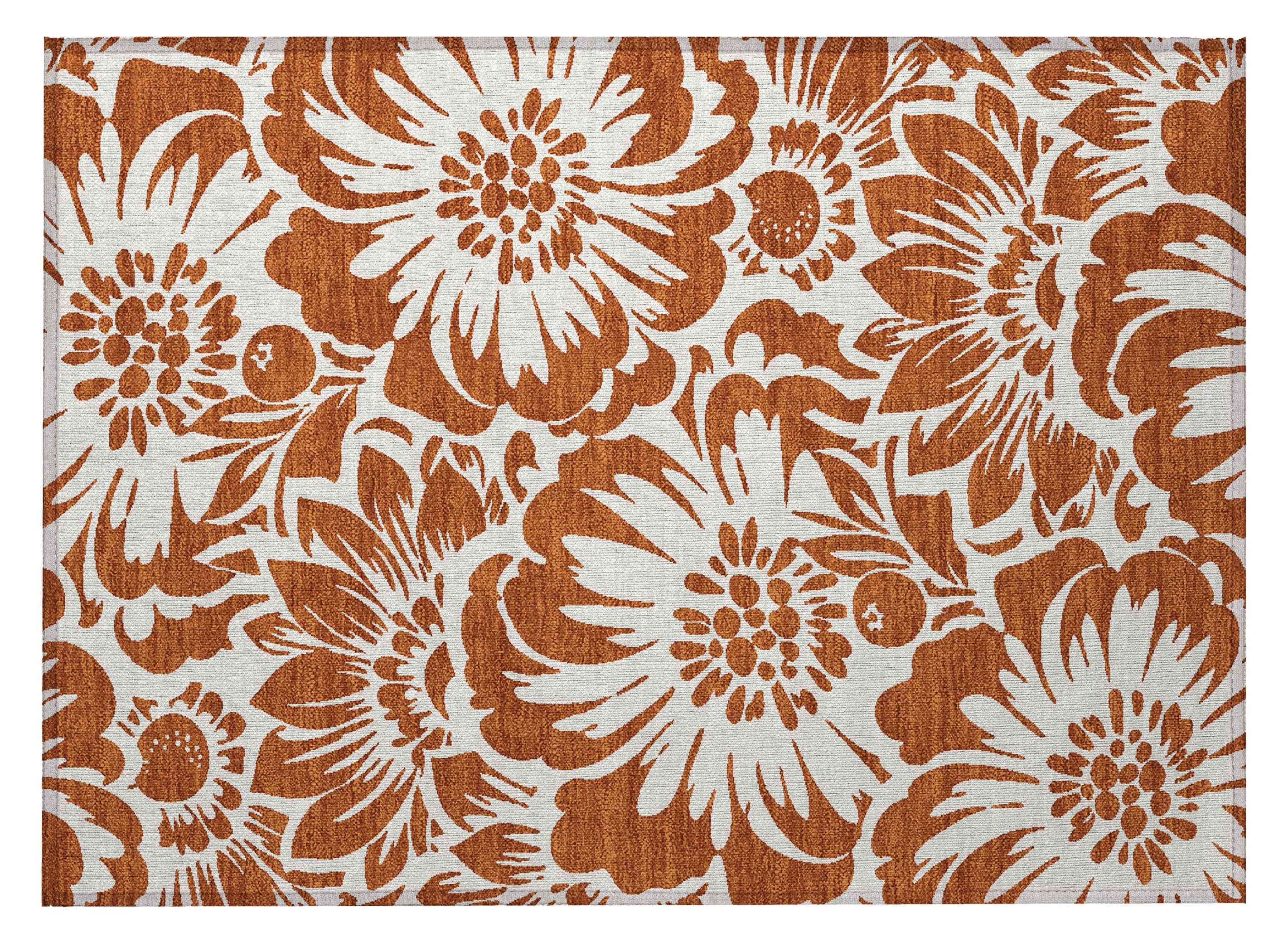 2' X 3' Rust and Ivory Floral Washable Non Skid Indoor Outdoor Area Rug