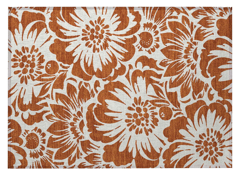 2' X 3' Rust and Ivory Floral Washable Non Skid Indoor Outdoor Area Rug