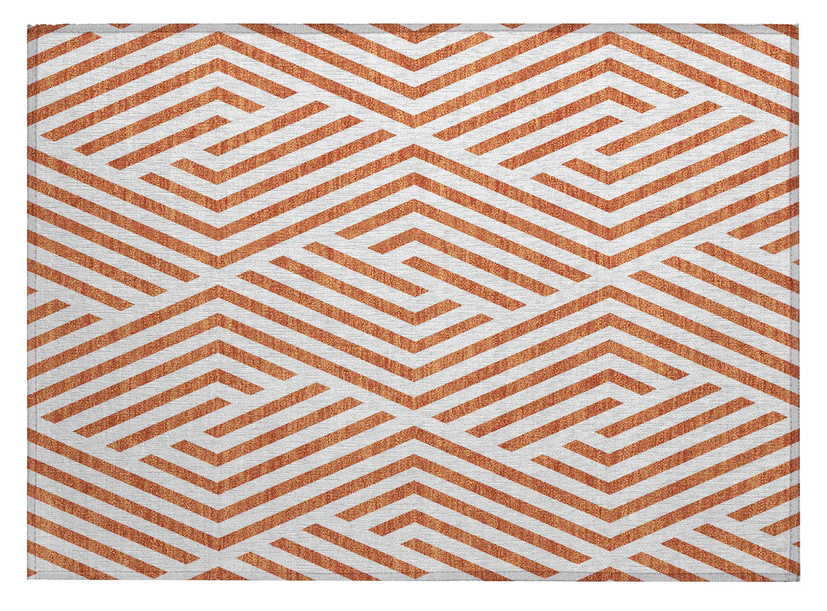 2' X 3' Orange and White Geometric Washable Non Skid Indoor Outdoor Area Rug