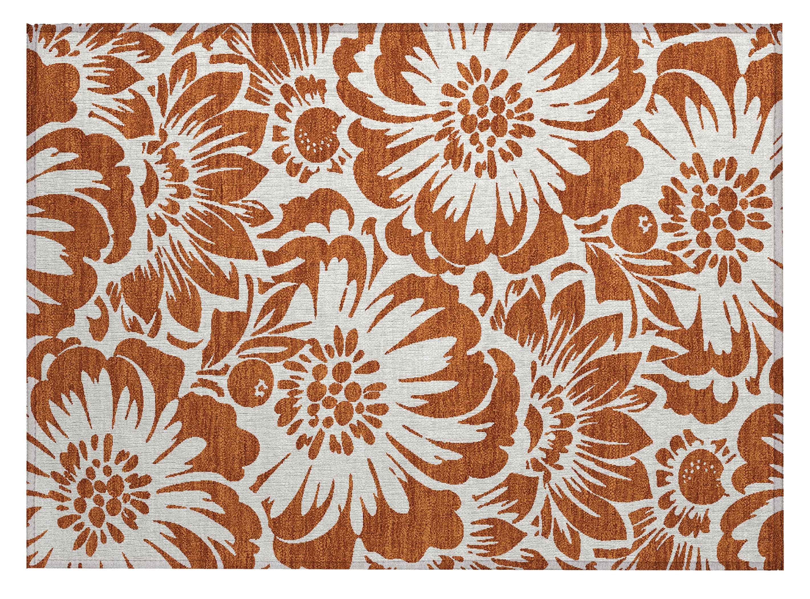 2' X 3' Rust and Ivory Floral Washable Non Skid Indoor Outdoor Area Rug