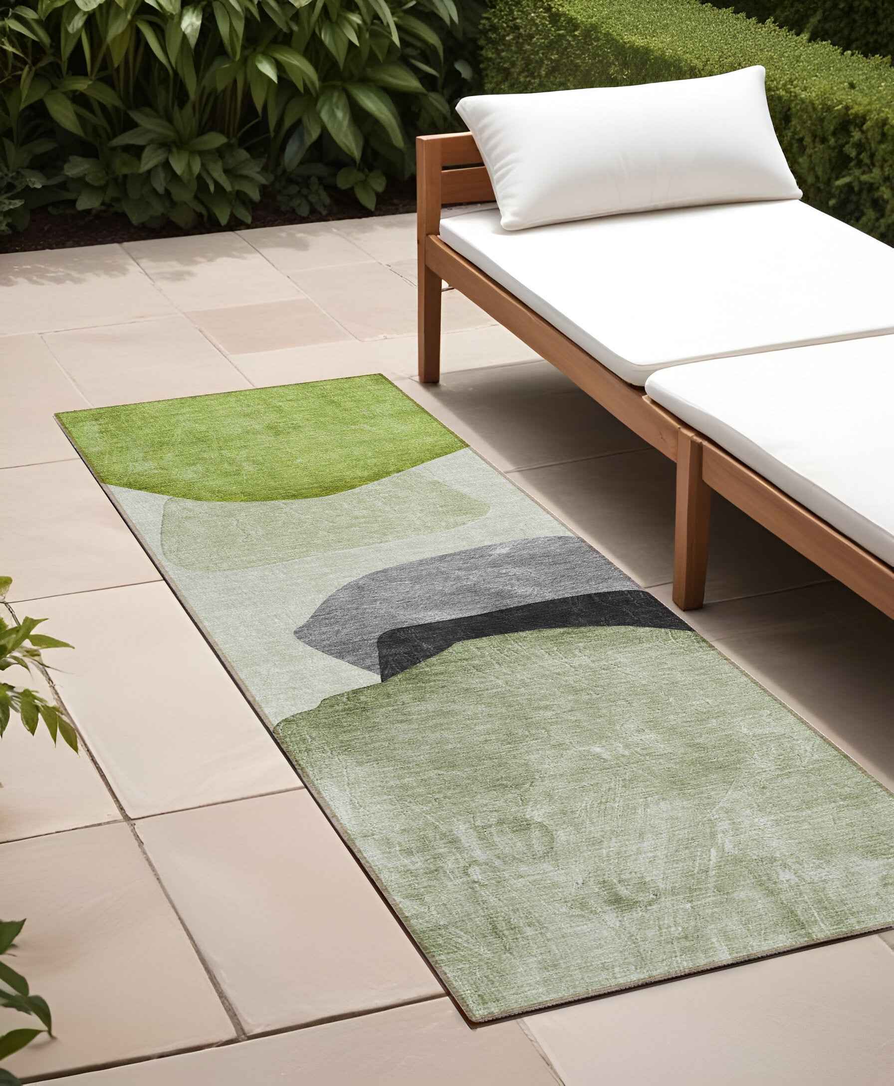 8' Runner Green Black and Gray Abstract Washable Non Skid Indoor Outdoor Runner Rug