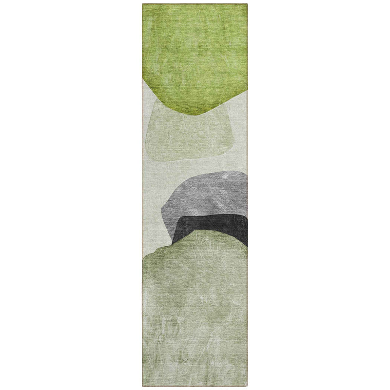 8' Runner Green Black and Gray Abstract Washable Non Skid Indoor Outdoor Runner Rug