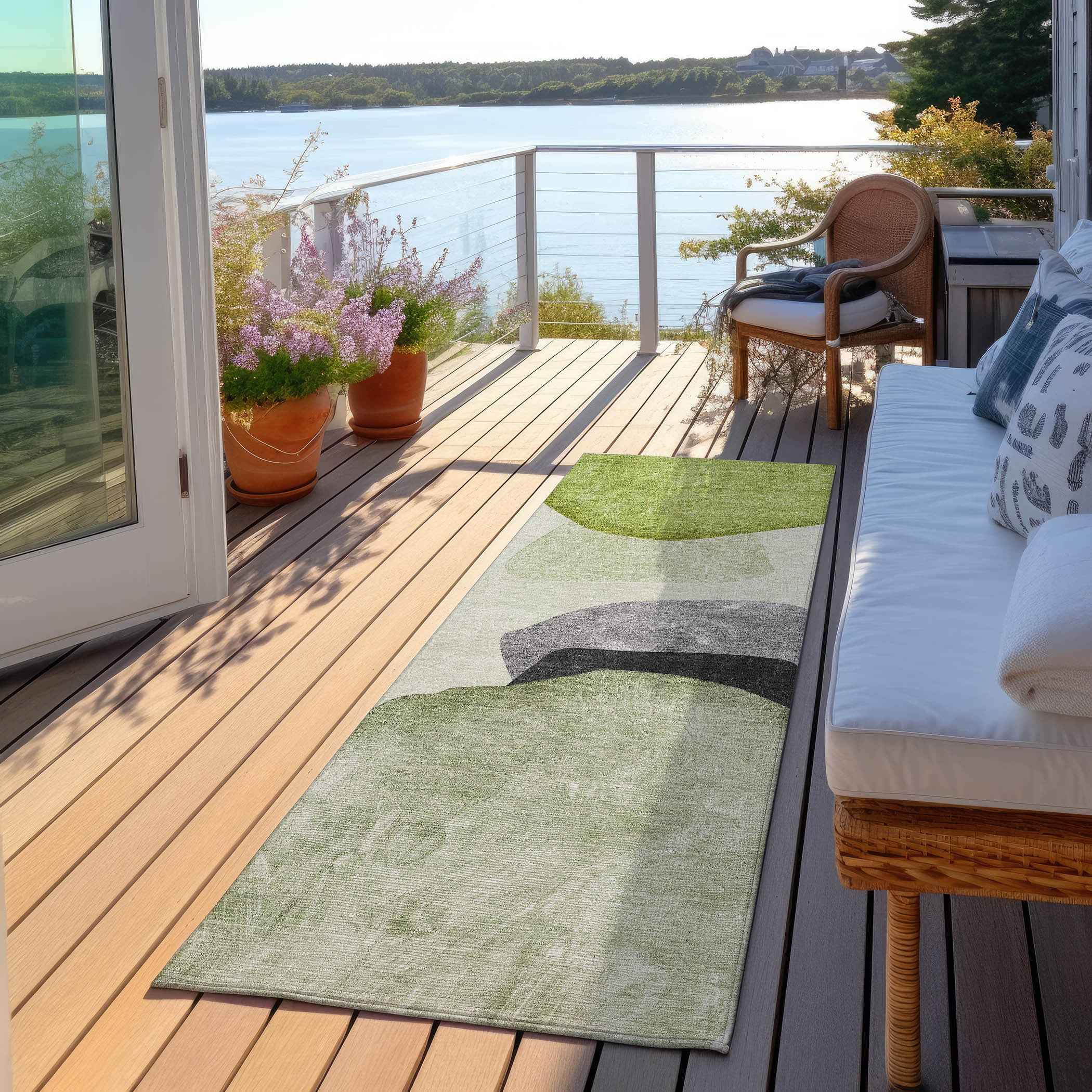 8' Runner Green Black and Gray Abstract Washable Non Skid Indoor Outdoor Runner Rug