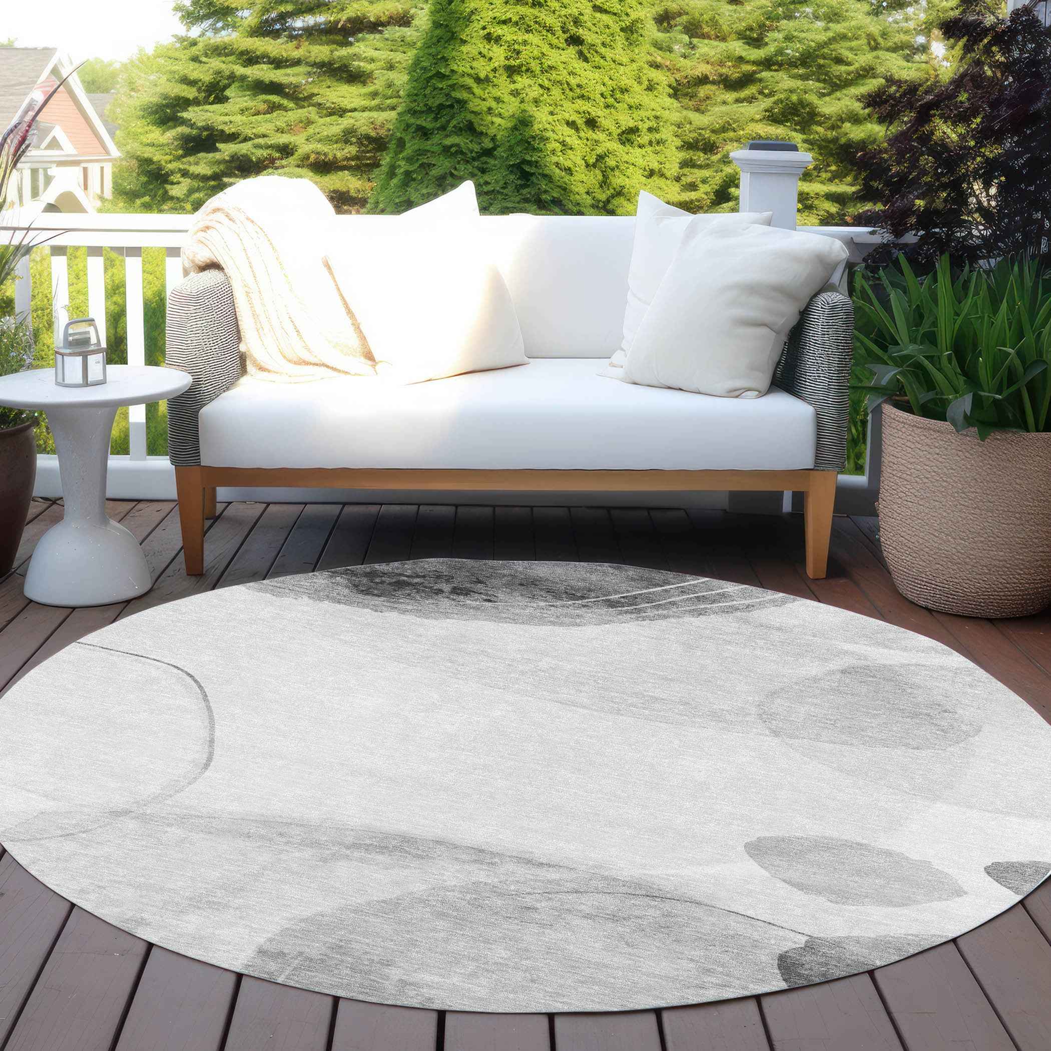 8' Round Gray and Light Gray Round Abstract Washable Non Skid Indoor Outdoor Area Rug