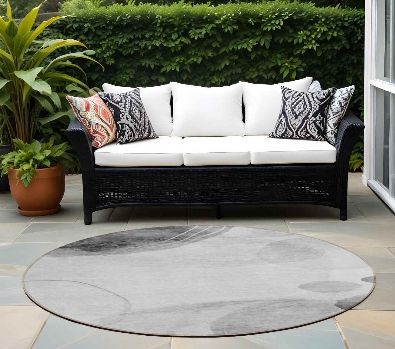 8' Round Gray and Light Gray Round Abstract Washable Non Skid Indoor Outdoor Area Rug