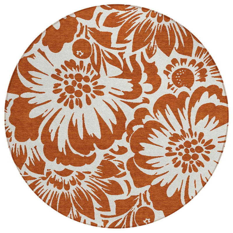 8' Round Rust and Ivory Round Floral Washable Non Skid Indoor Outdoor Area Rug
