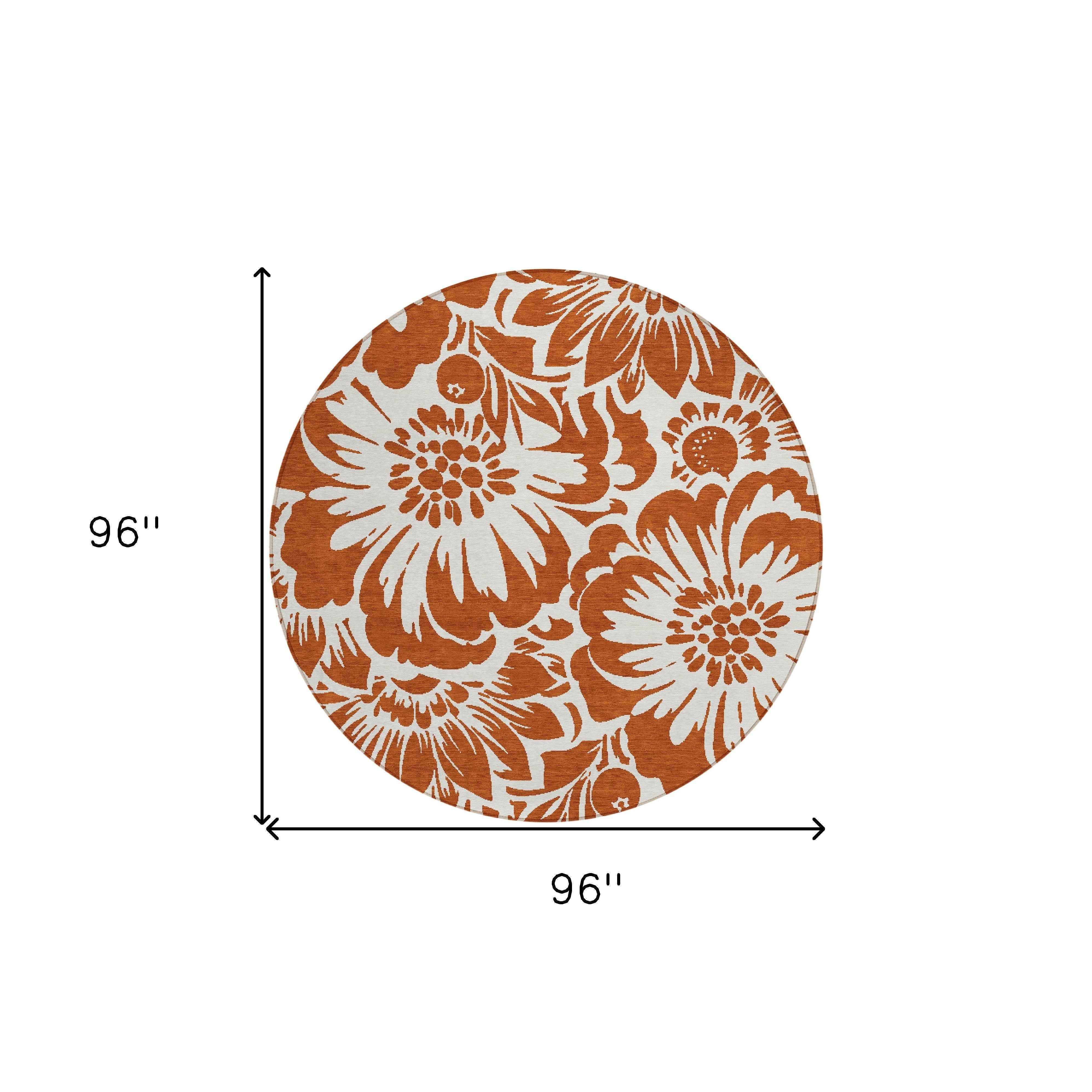 8' Round Rust and Ivory Round Floral Washable Non Skid Indoor Outdoor Area Rug