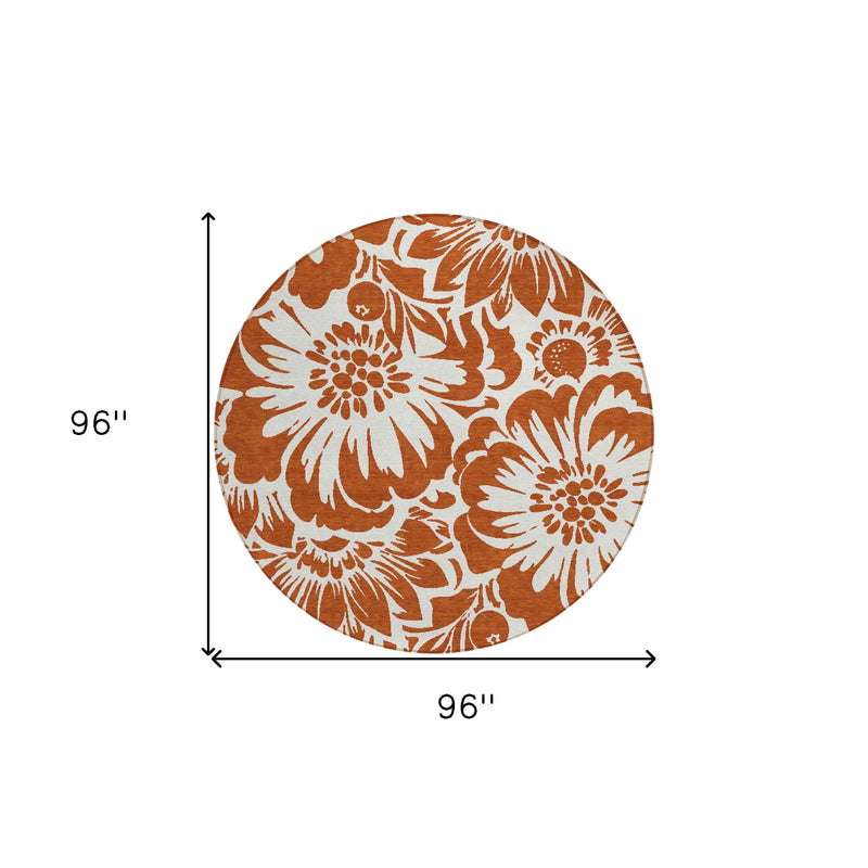 8' Round Rust and Ivory Round Floral Washable Non Skid Indoor Outdoor Area Rug