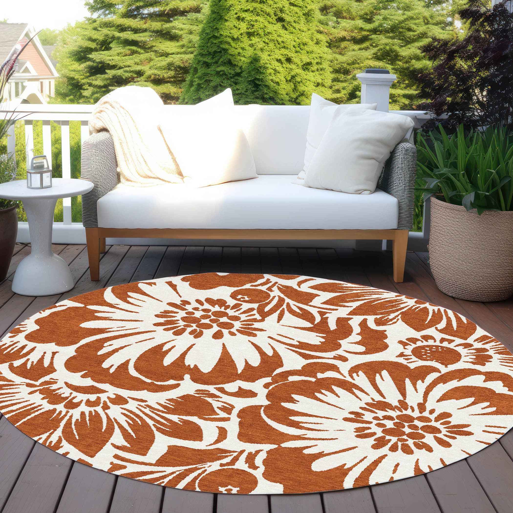 8' Round Rust and Ivory Round Floral Washable Non Skid Indoor Outdoor Area Rug