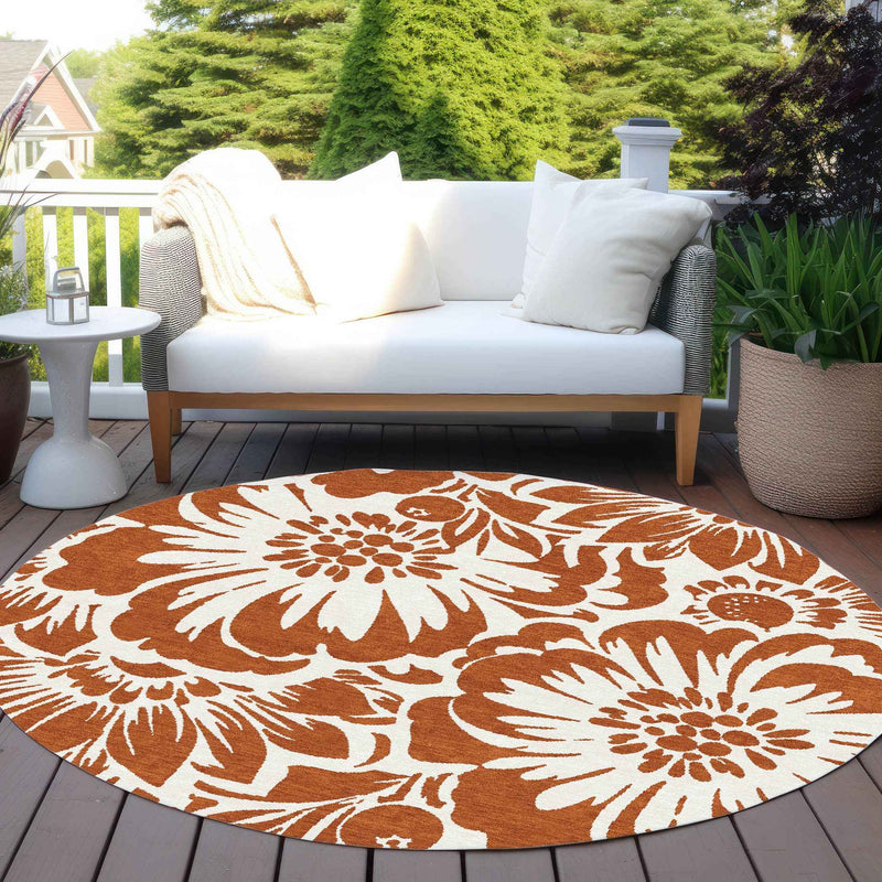 8' Round Rust and Ivory Round Floral Washable Non Skid Indoor Outdoor Area Rug