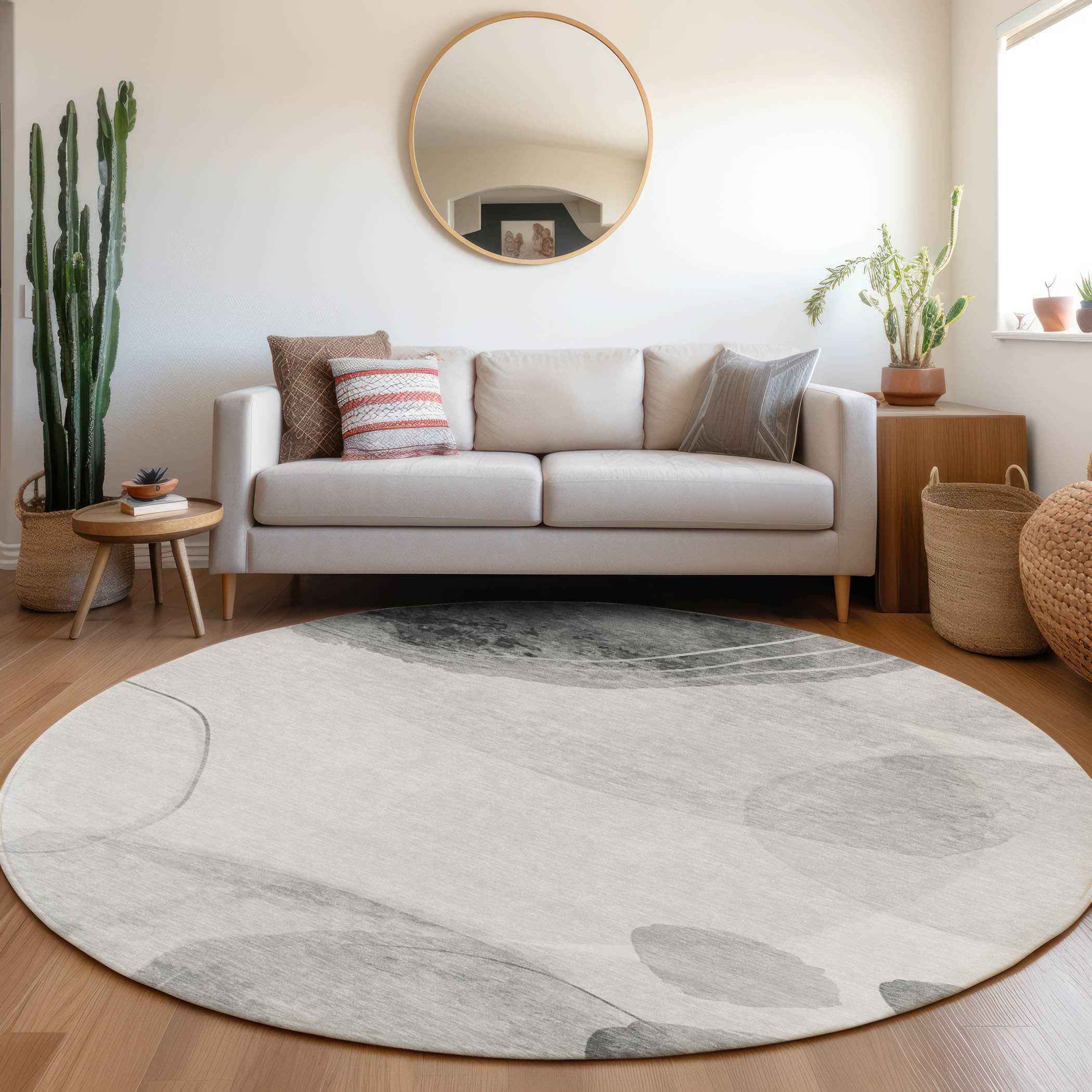 8' Round Gray and Light Gray Round Abstract Washable Non Skid Indoor Outdoor Area Rug