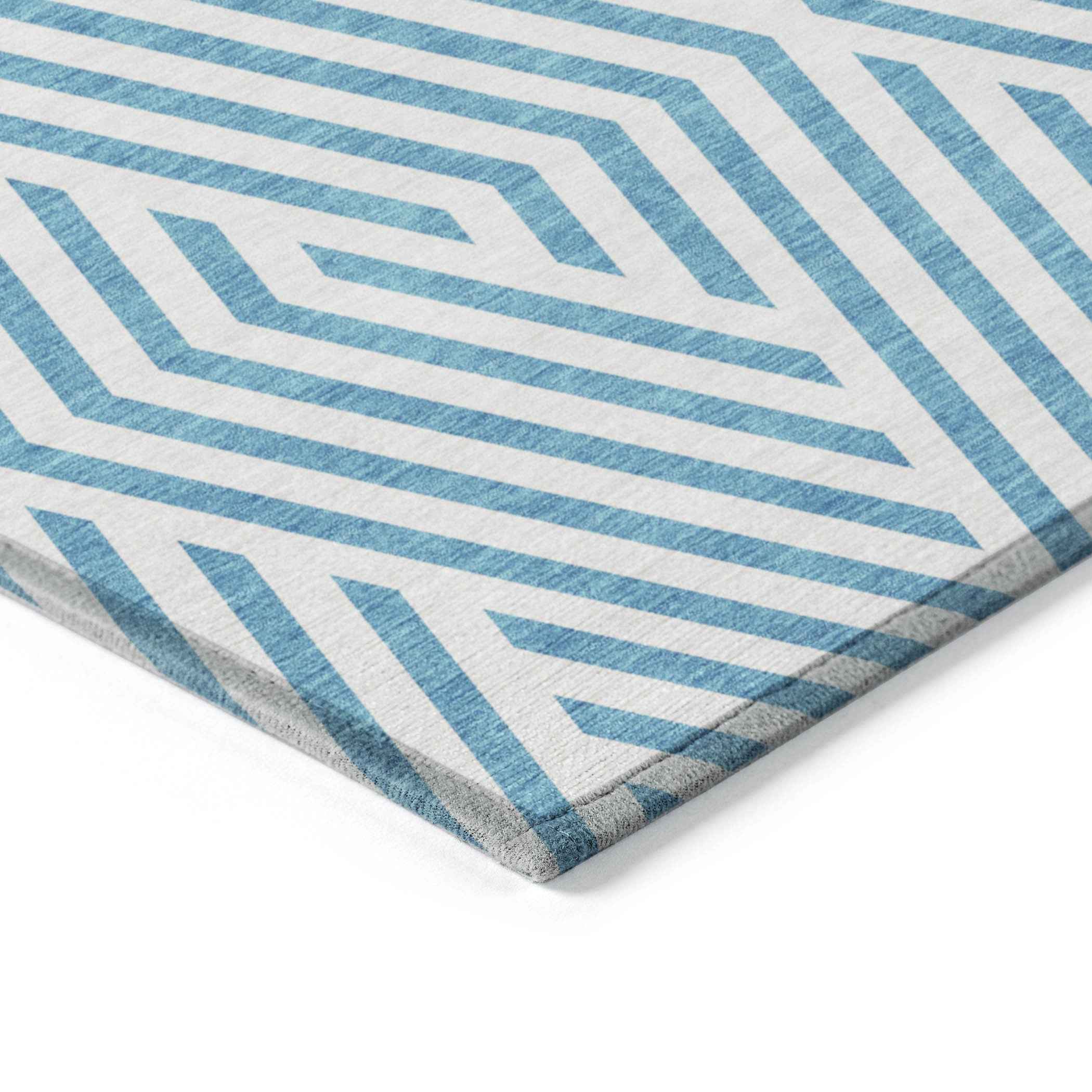 8' X 10' Teal and White Geometric Washable Non Skid Indoor Outdoor Area Rug