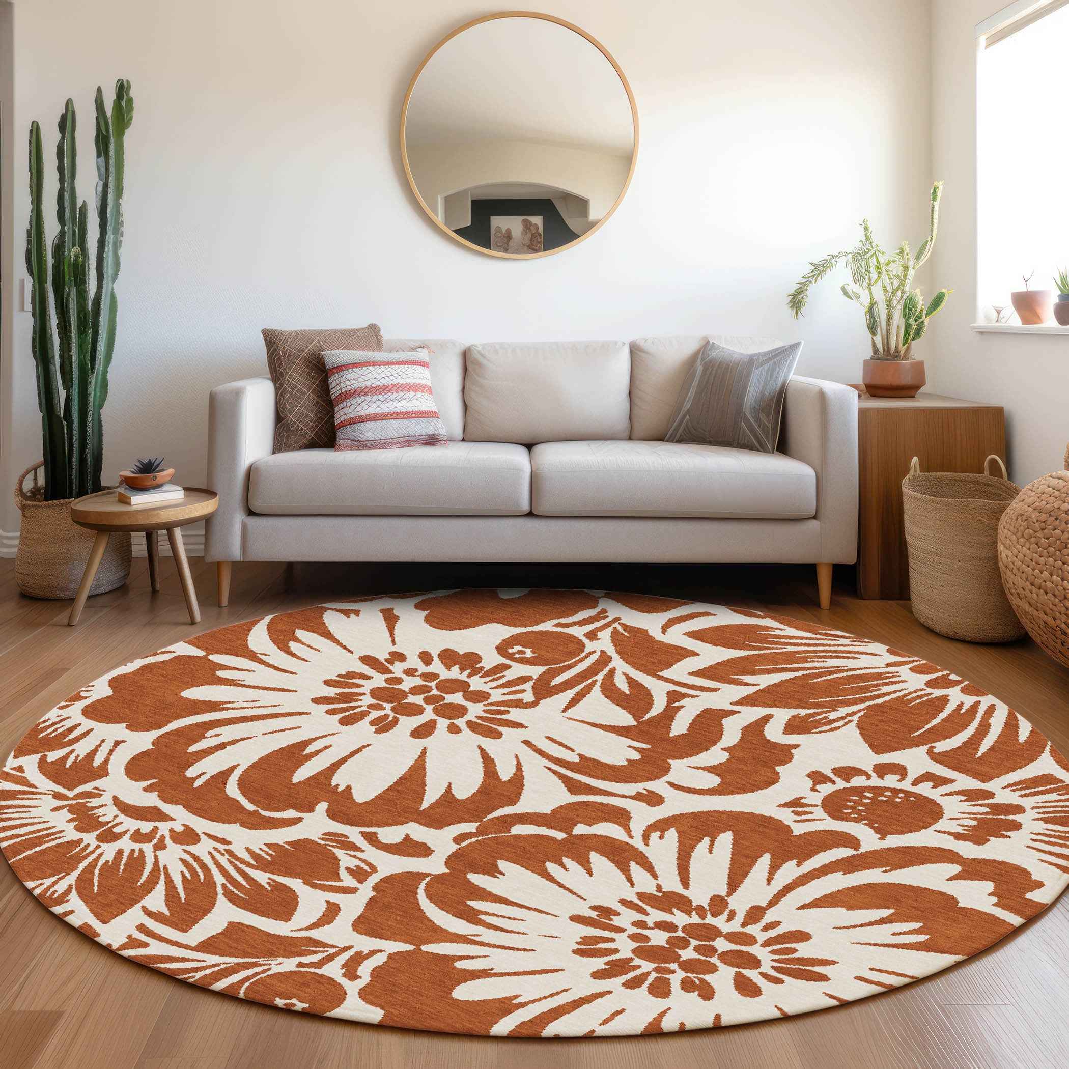 8' Round Rust and Ivory Round Floral Washable Non Skid Indoor Outdoor Area Rug