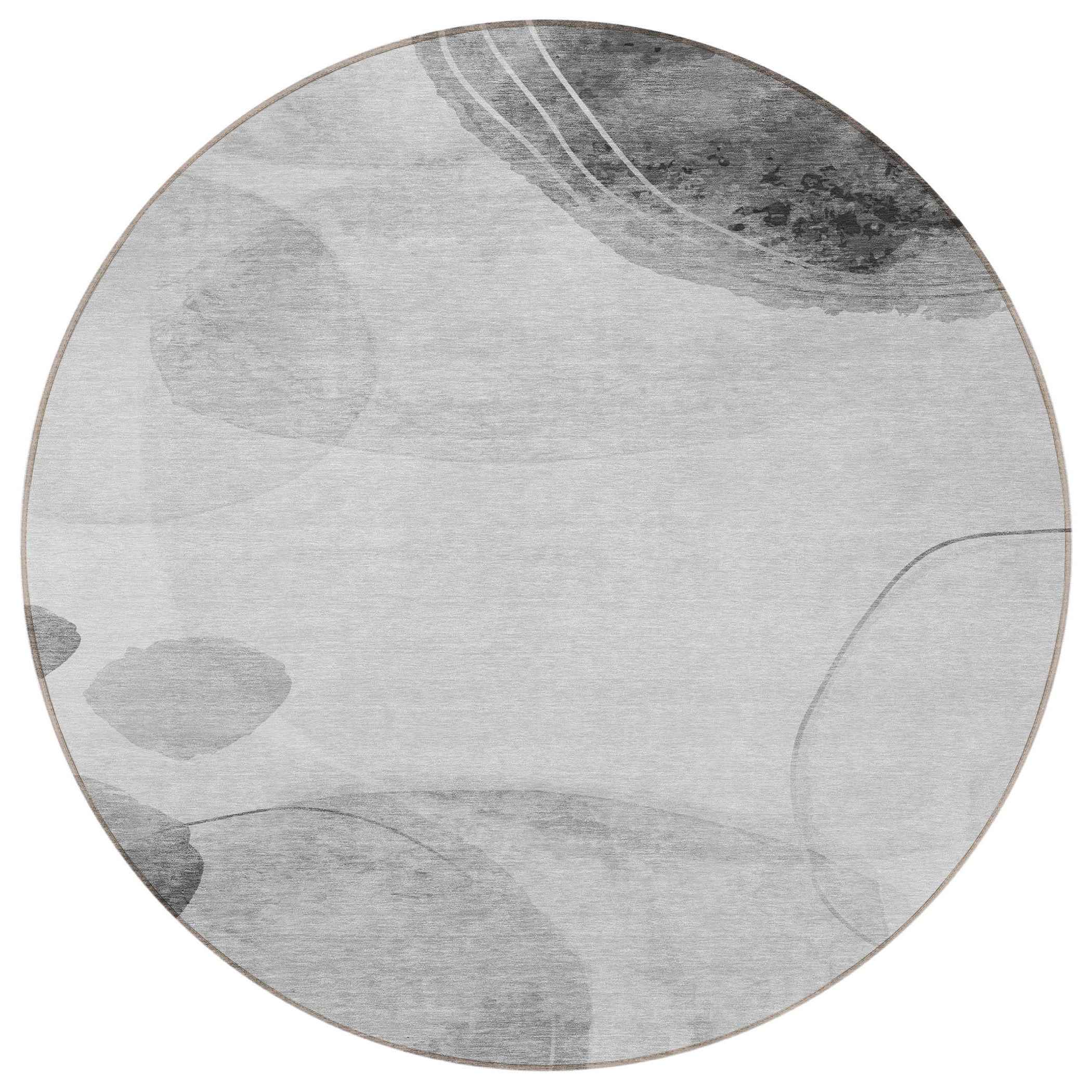 8' Round Gray and Light Gray Round Abstract Washable Non Skid Indoor Outdoor Area Rug
