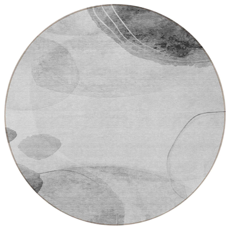 8' Round Gray and Light Gray Round Abstract Washable Non Skid Indoor Outdoor Area Rug