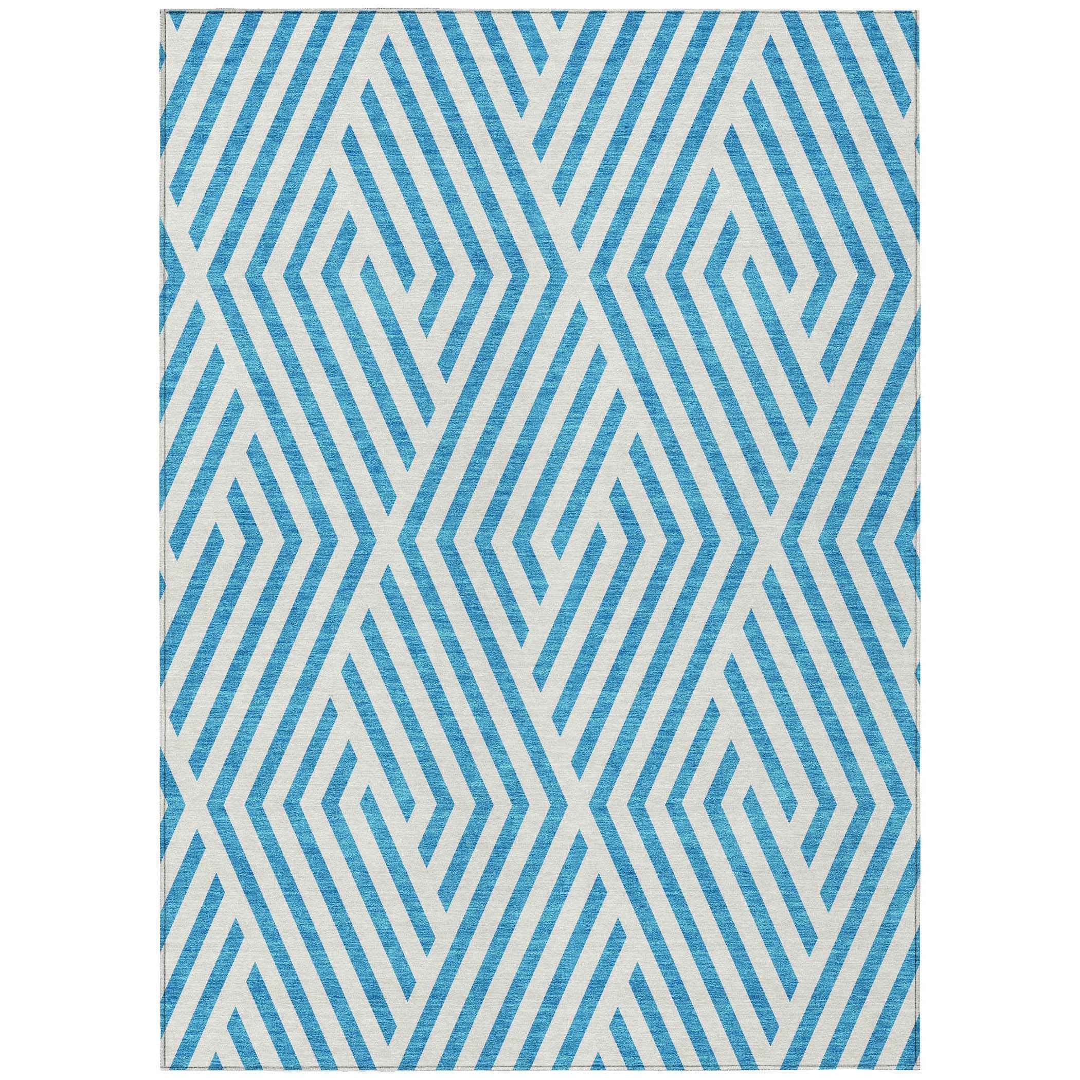 8' X 10' Teal and White Geometric Washable Non Skid Indoor Outdoor Area Rug