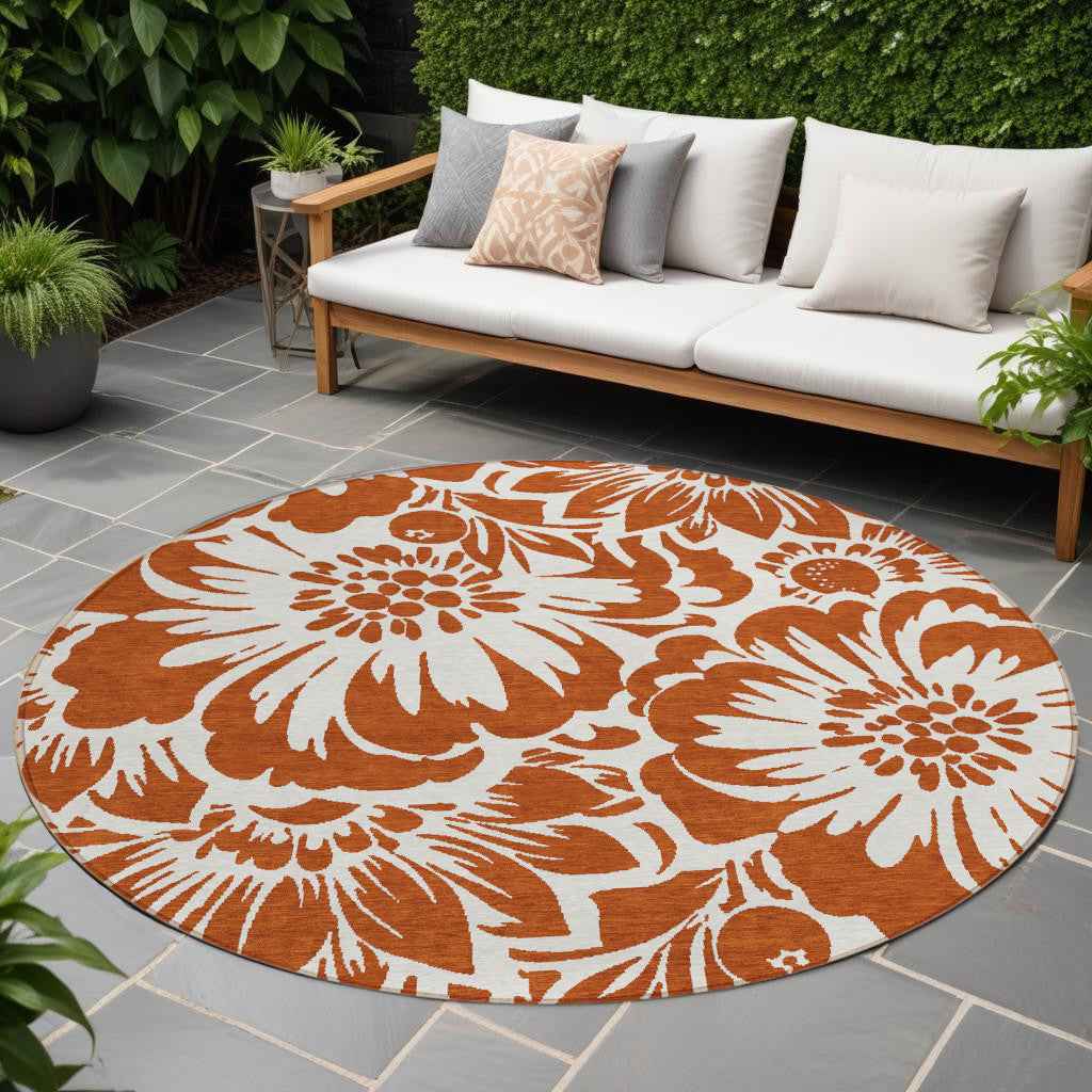 8' Round Rust and Ivory Round Floral Washable Non Skid Indoor Outdoor Area Rug