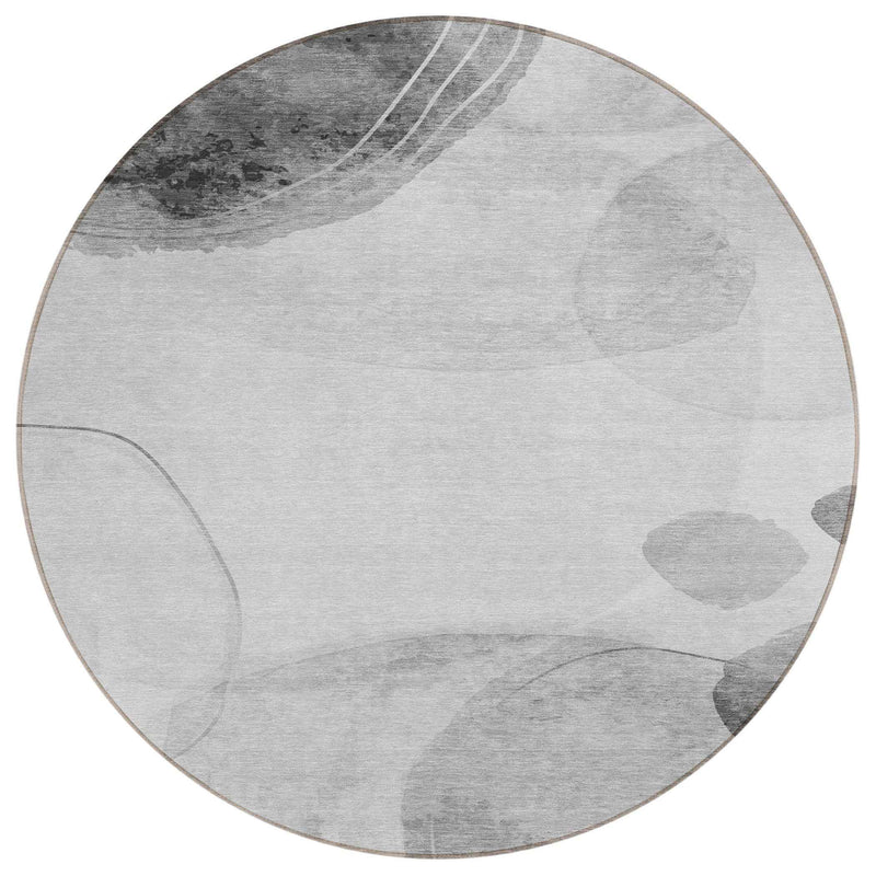 8' Round Gray and Light Gray Round Abstract Washable Non Skid Indoor Outdoor Area Rug
