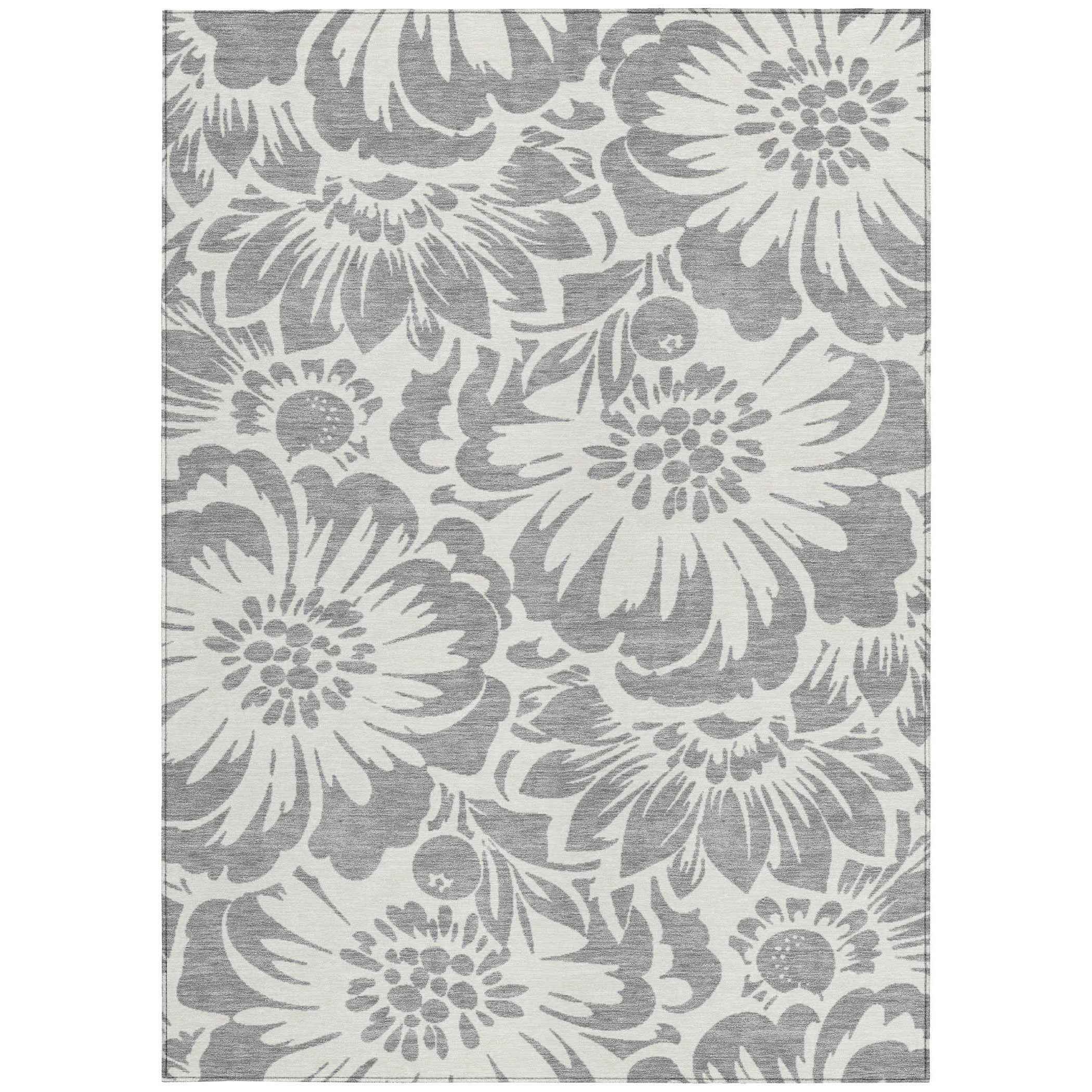 10' X 14' Gray and Ivory Floral Washable Non Skid Indoor Outdoor Area Rug