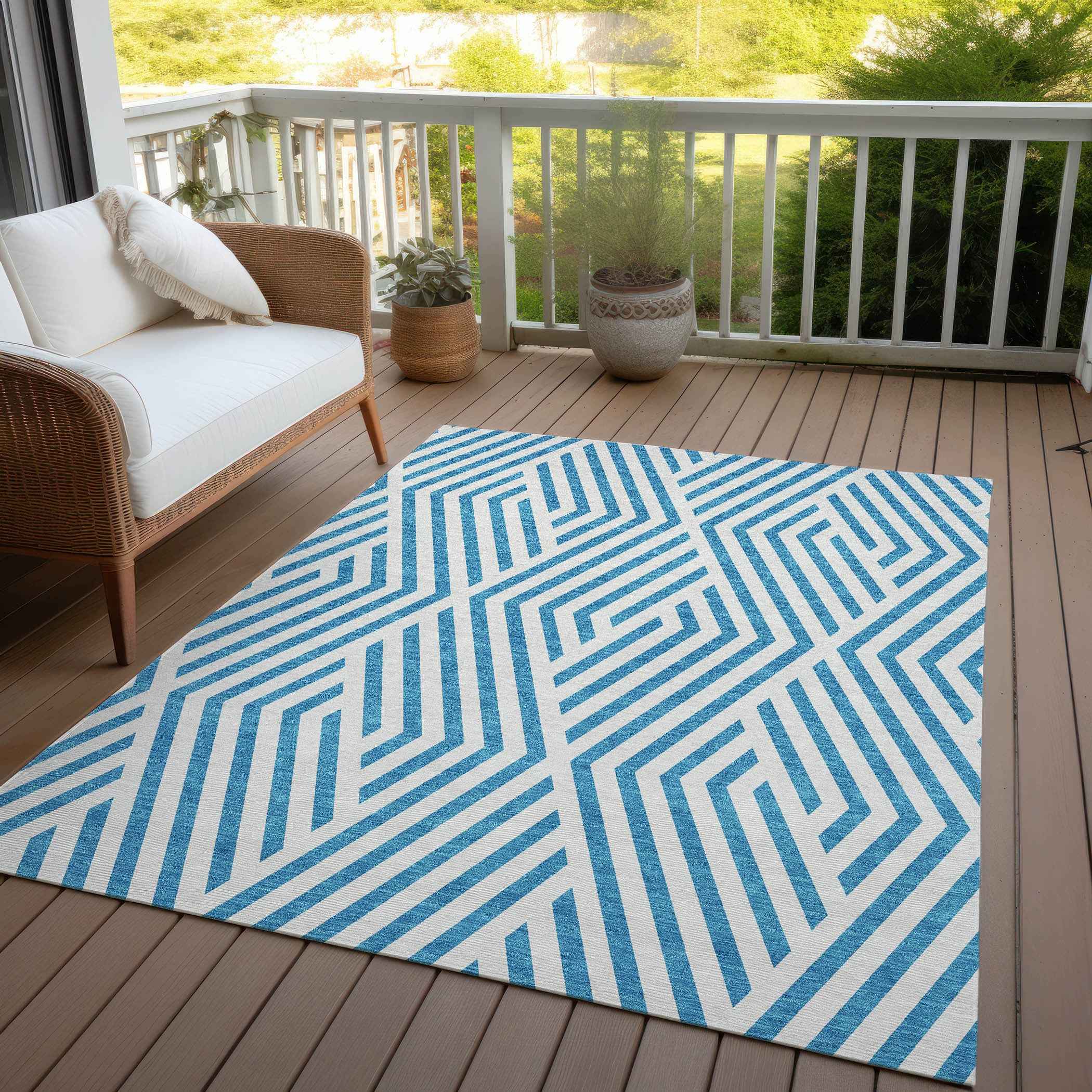 8' X 10' Teal and White Geometric Washable Non Skid Indoor Outdoor Area Rug