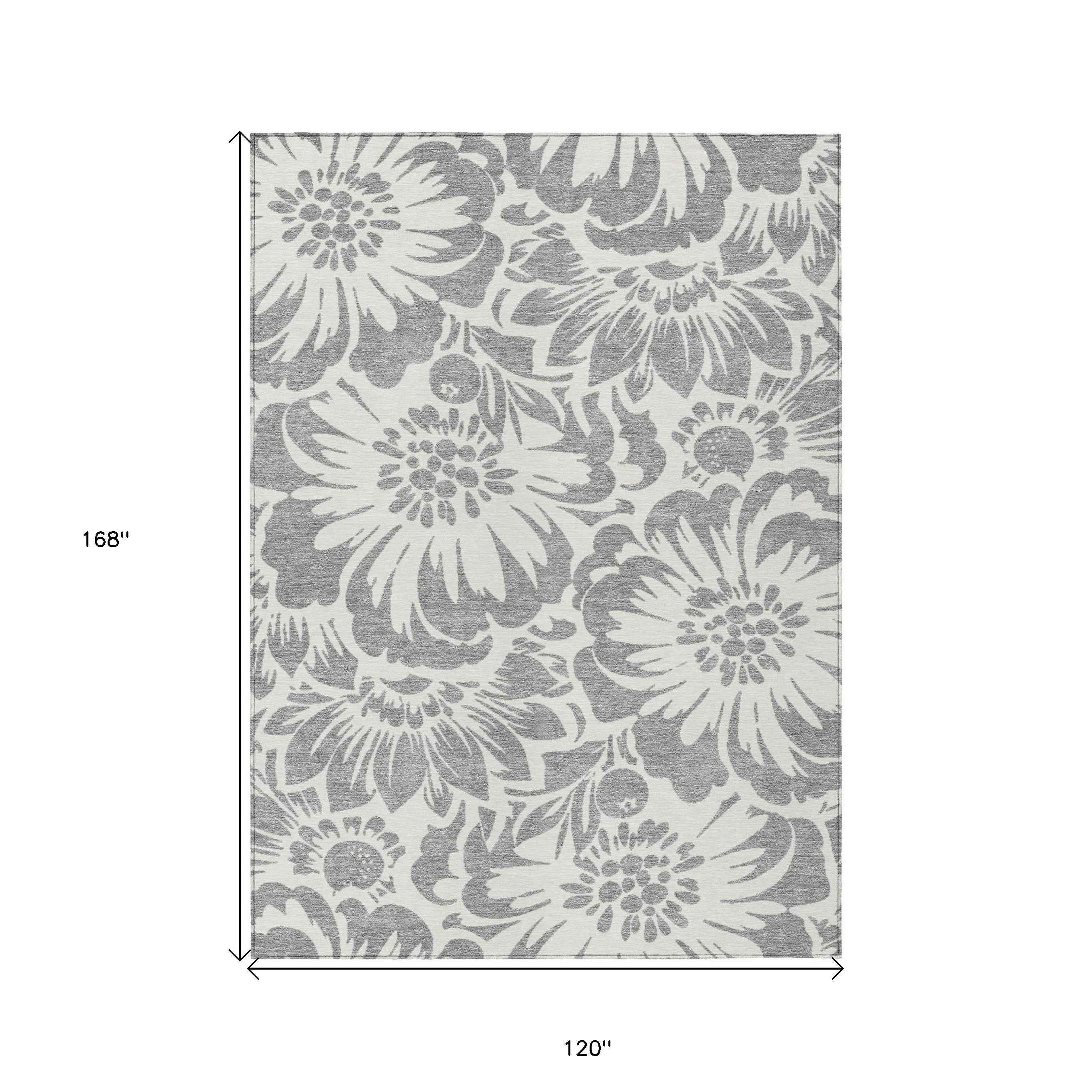 10' X 14' Gray and Ivory Floral Washable Non Skid Indoor Outdoor Area Rug