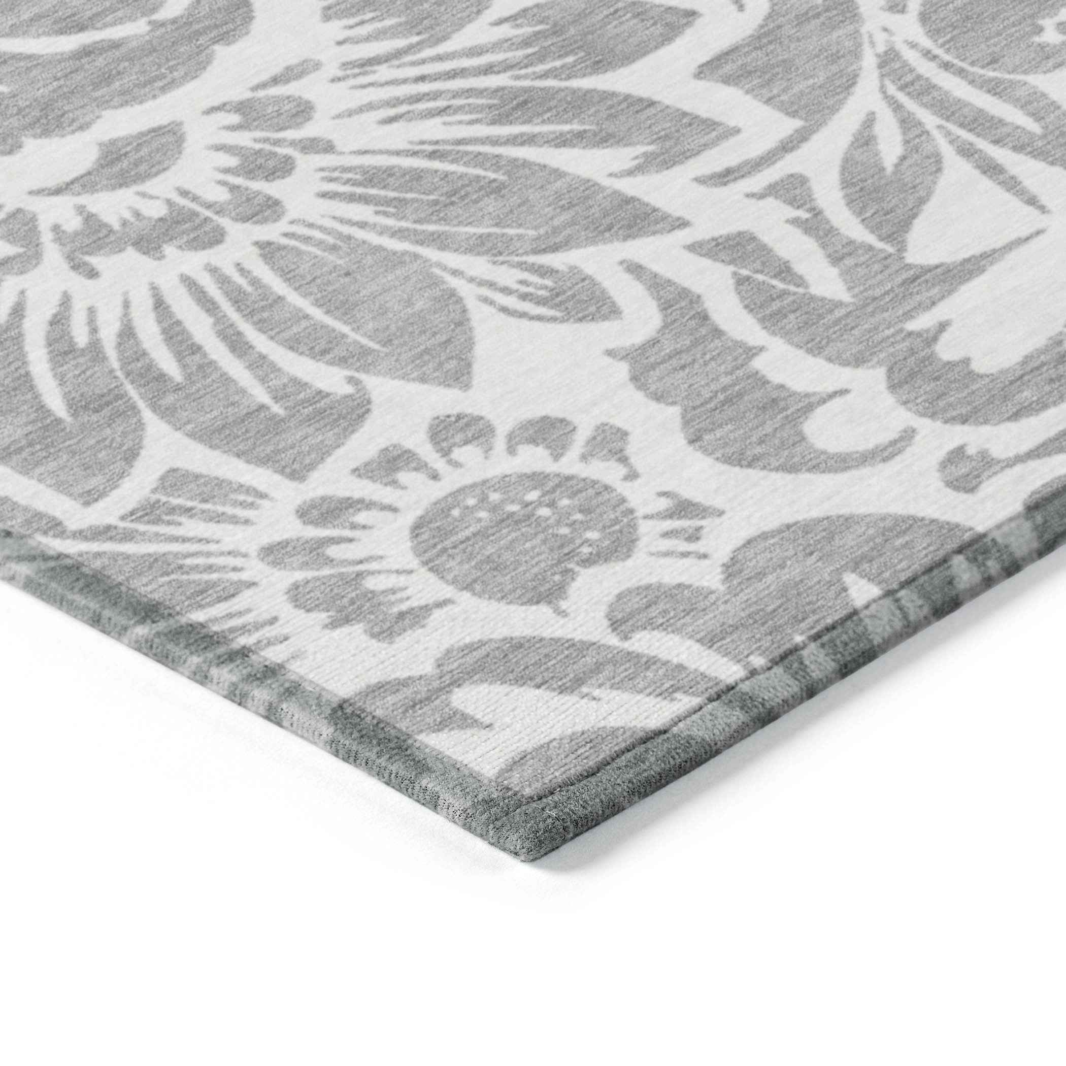 10' X 14' Gray and Ivory Floral Washable Non Skid Indoor Outdoor Area Rug