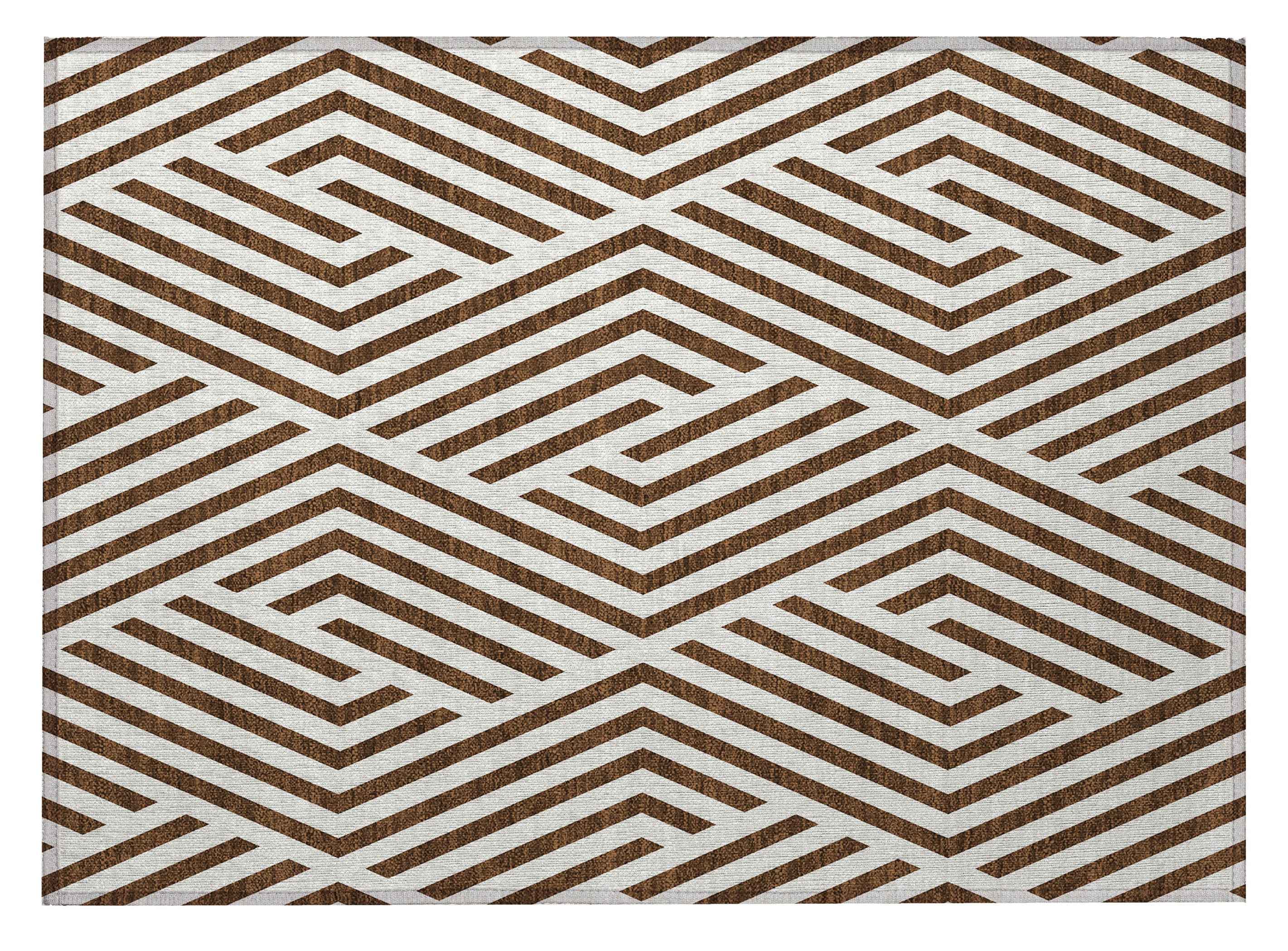 2' X 3' Brown and White Geometric Washable Non Skid Indoor Outdoor Area Rug
