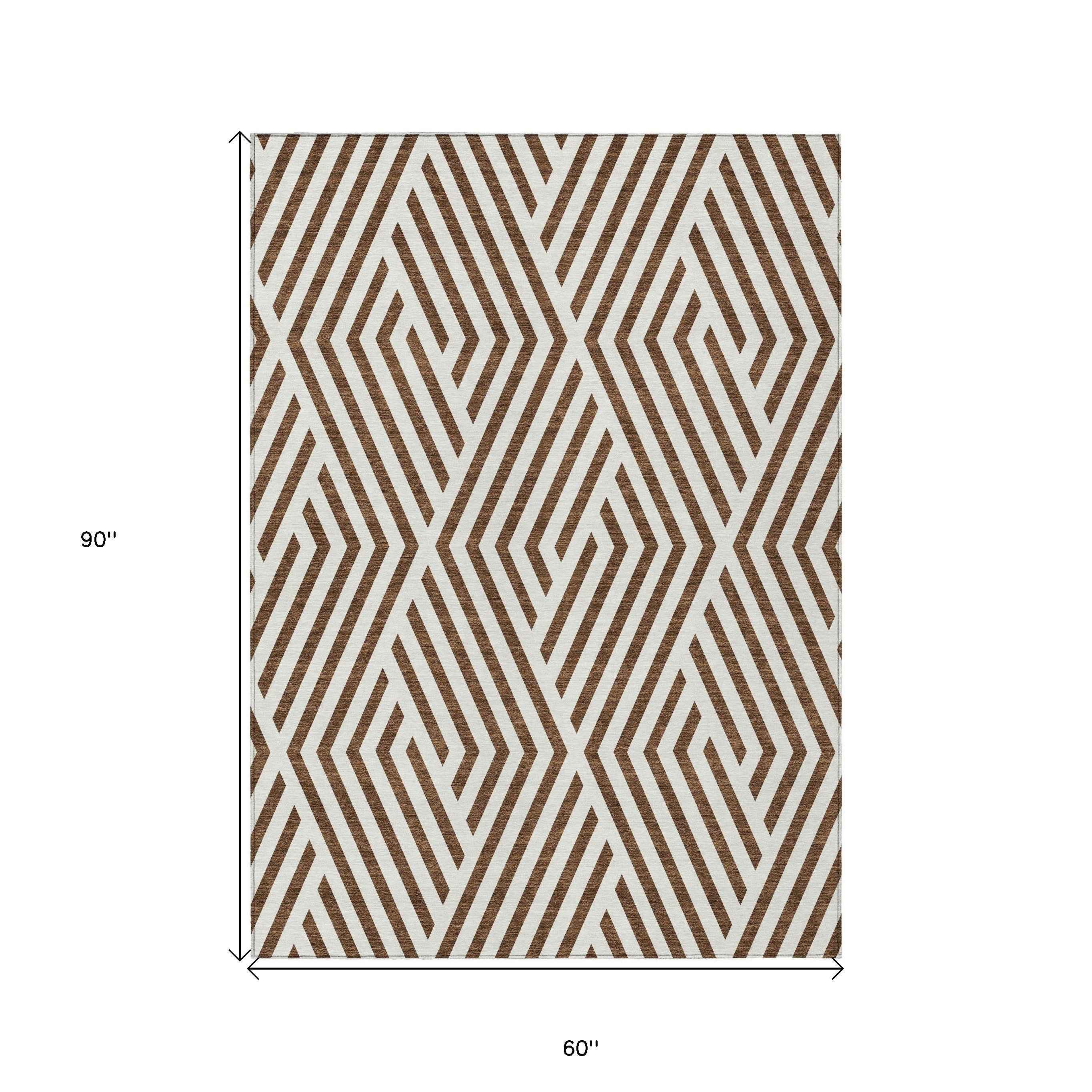 5' X 8' Brown and White Geometric Washable Non Skid Indoor Outdoor Area Rug
