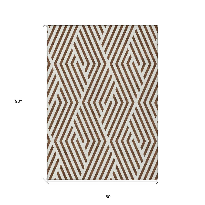 5' X 8' Brown and White Geometric Washable Non Skid Indoor Outdoor Area Rug