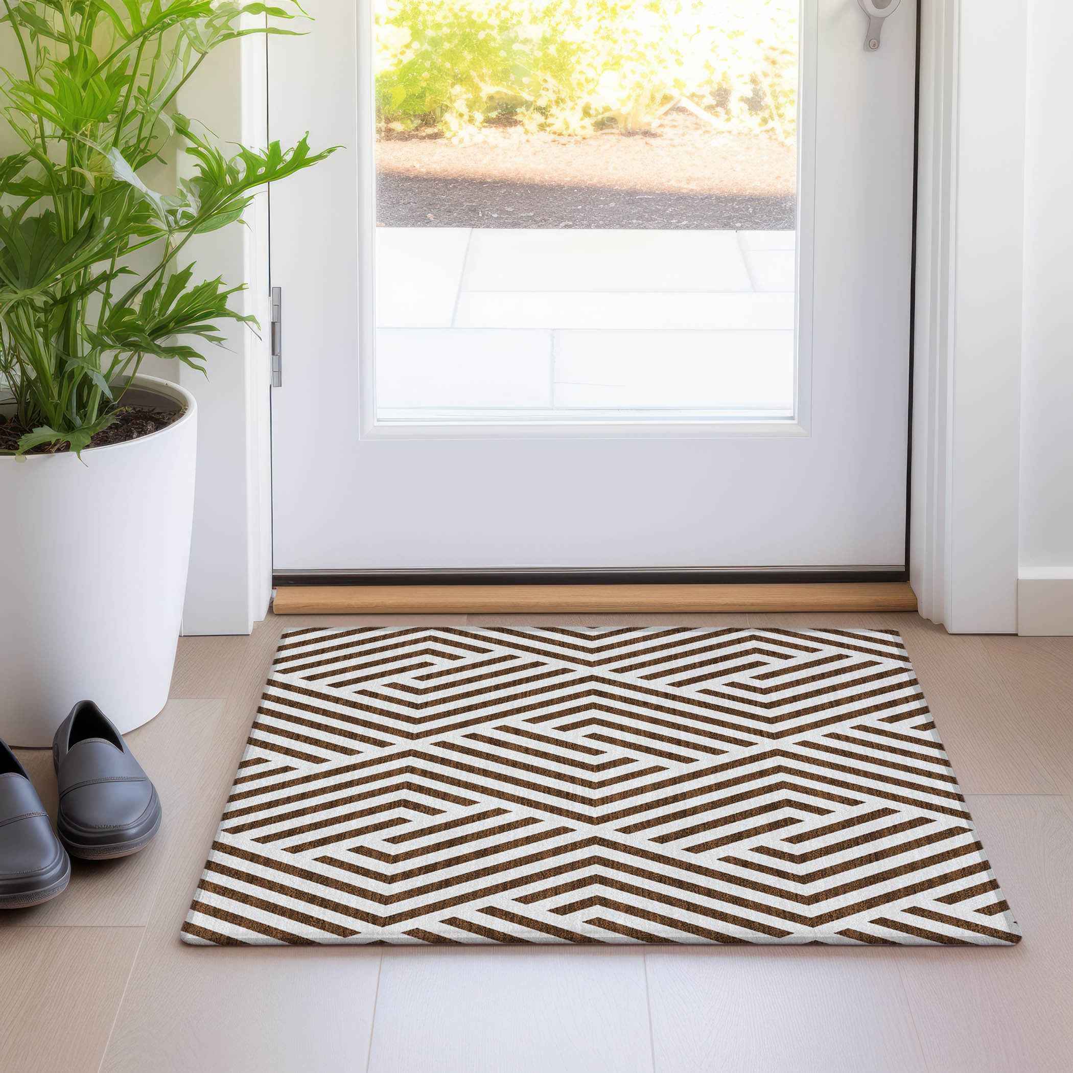 2' X 3' Brown and White Geometric Washable Non Skid Indoor Outdoor Area Rug