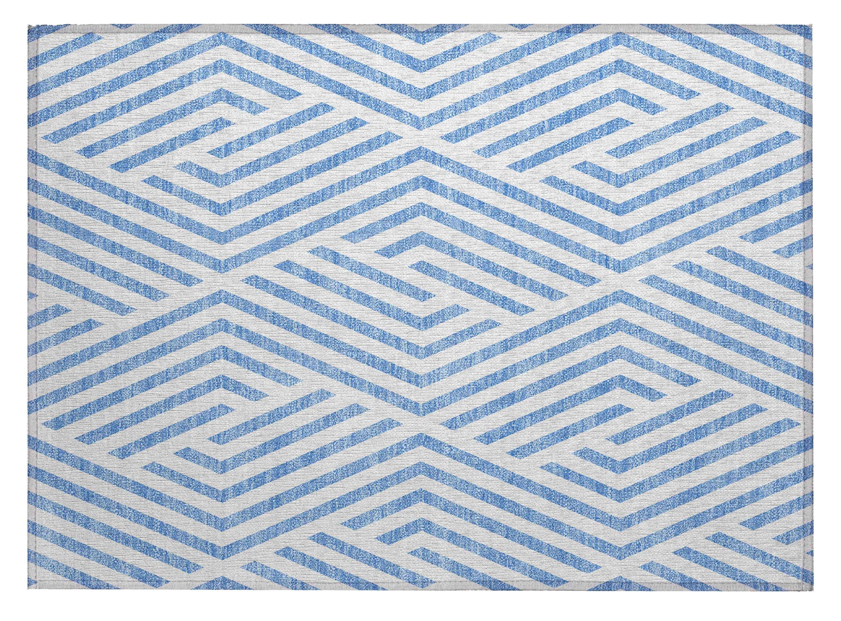 2' X 3' Blue and Ivory Geometric Washable Non Skid Indoor Outdoor Area Rug