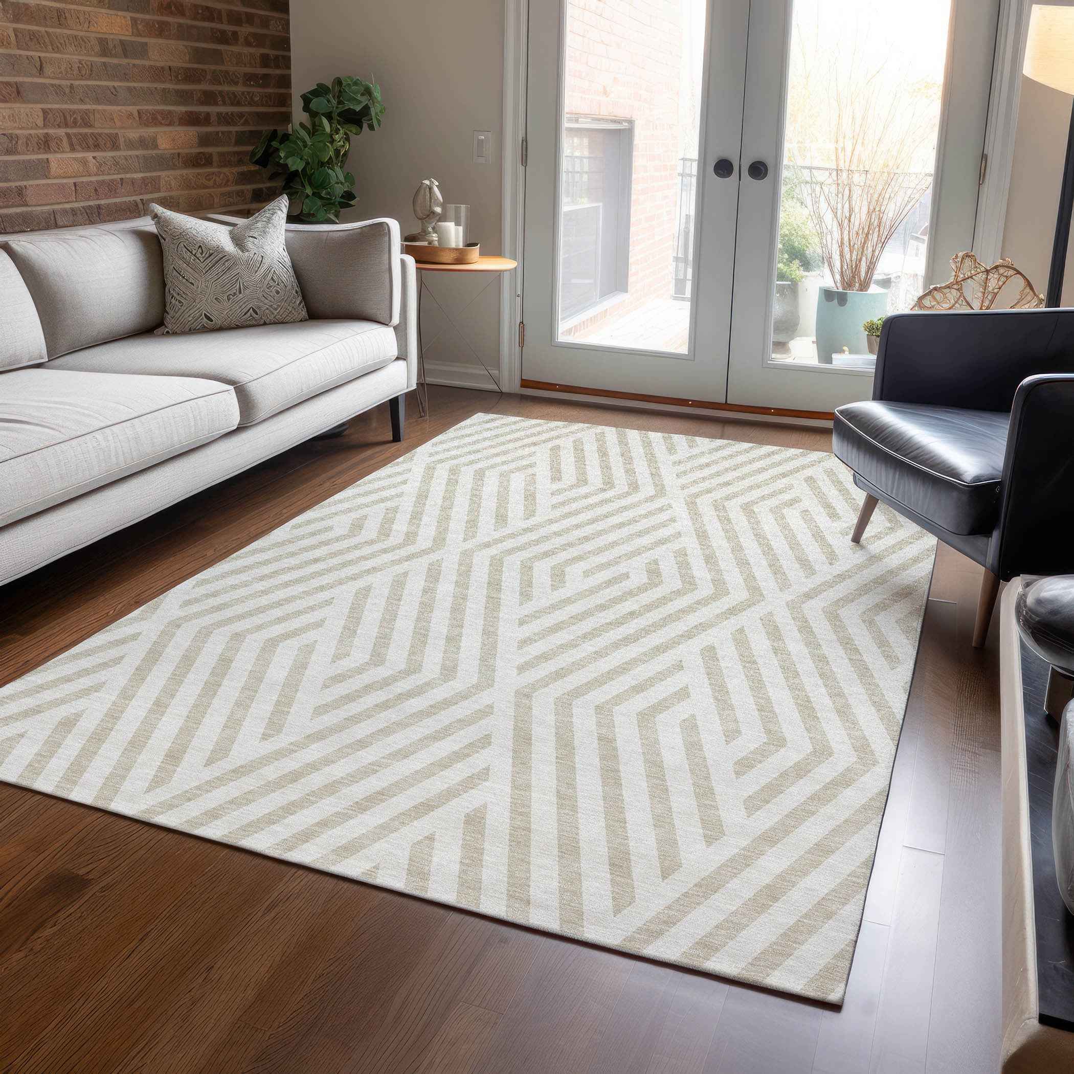 10' X 14' Beige and Ivory Geometric Washable Non Skid Indoor Outdoor Area Rug