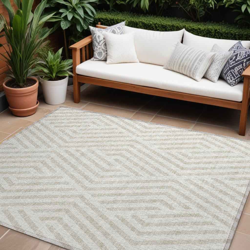 10' X 14' Beige and Ivory Geometric Washable Non Skid Indoor Outdoor Area Rug