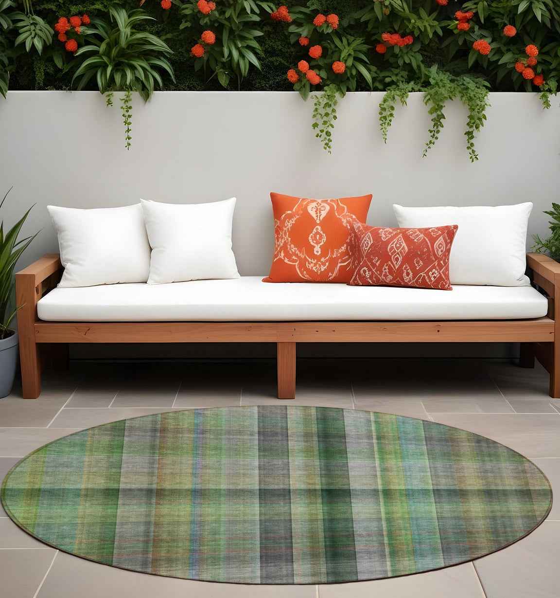 8' Round Green Round Plaid Washable Non Skid Indoor Outdoor Area Rug