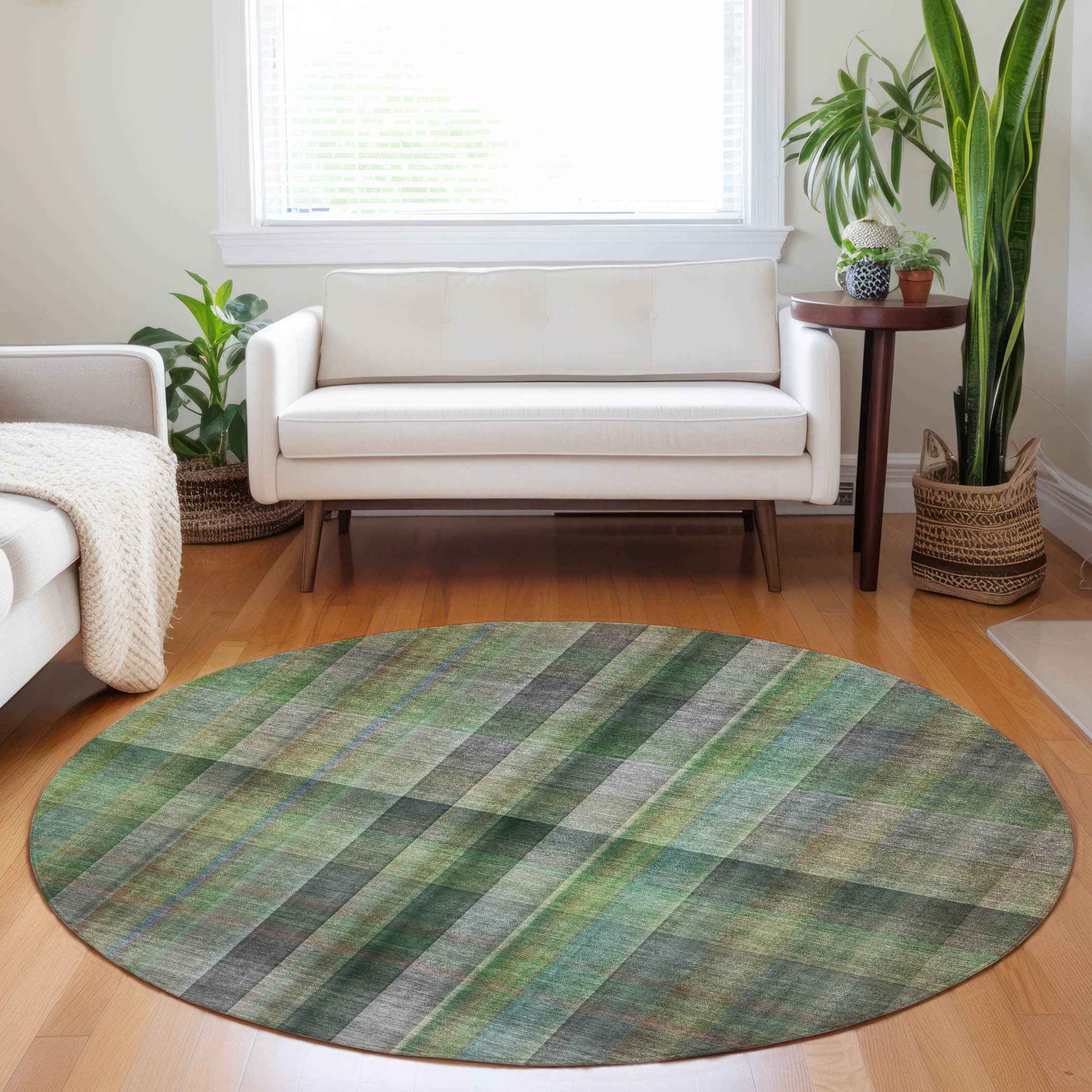8' Round Green Round Plaid Washable Non Skid Indoor Outdoor Area Rug