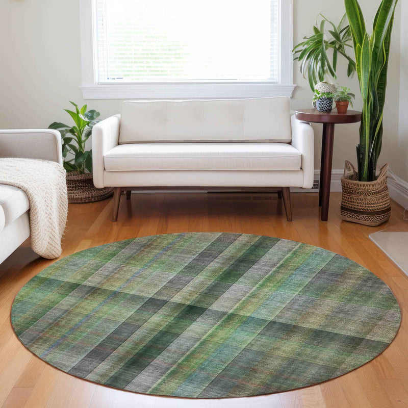 8' Round Green Round Plaid Washable Non Skid Indoor Outdoor Area Rug