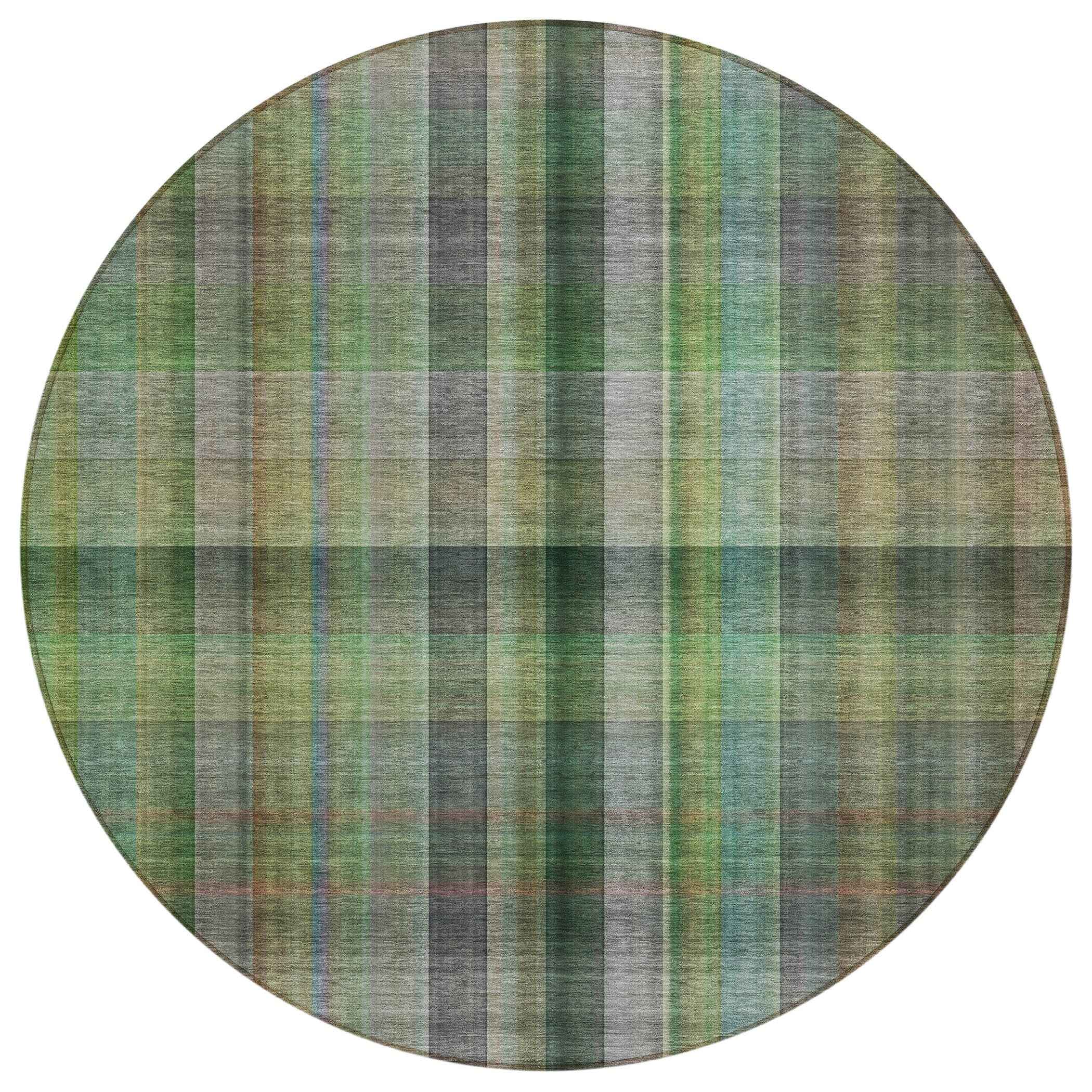 8' Round Green Round Plaid Washable Non Skid Indoor Outdoor Area Rug