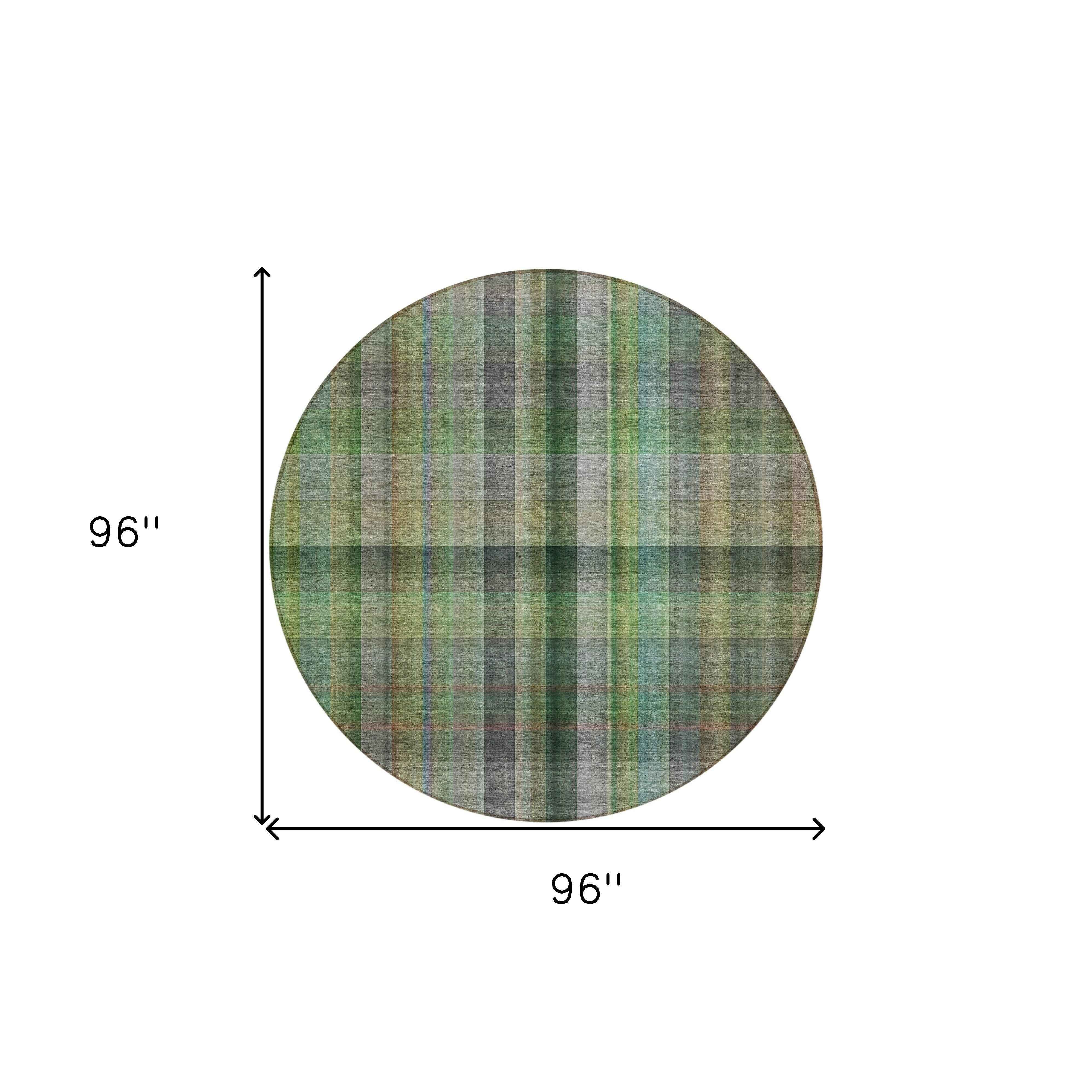 8' Round Green Round Plaid Washable Non Skid Indoor Outdoor Area Rug